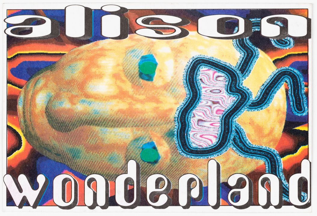 Rectangular dance party flyer, 'Alison Wonderland', Obverse: digitally created image of a face over a psychedelic background, 'alison wonderland' printed on white letters over image.