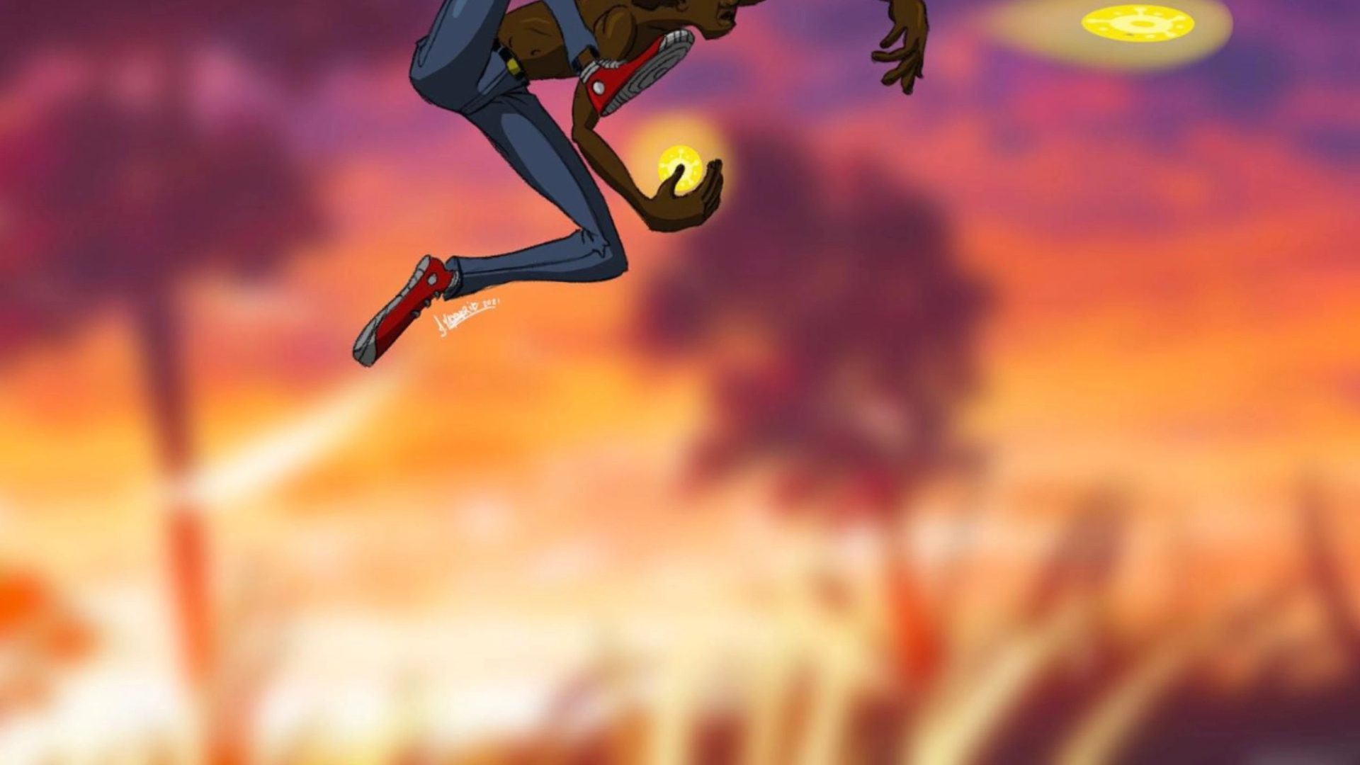 Cartoon figure jumping and launching light balls in the sky