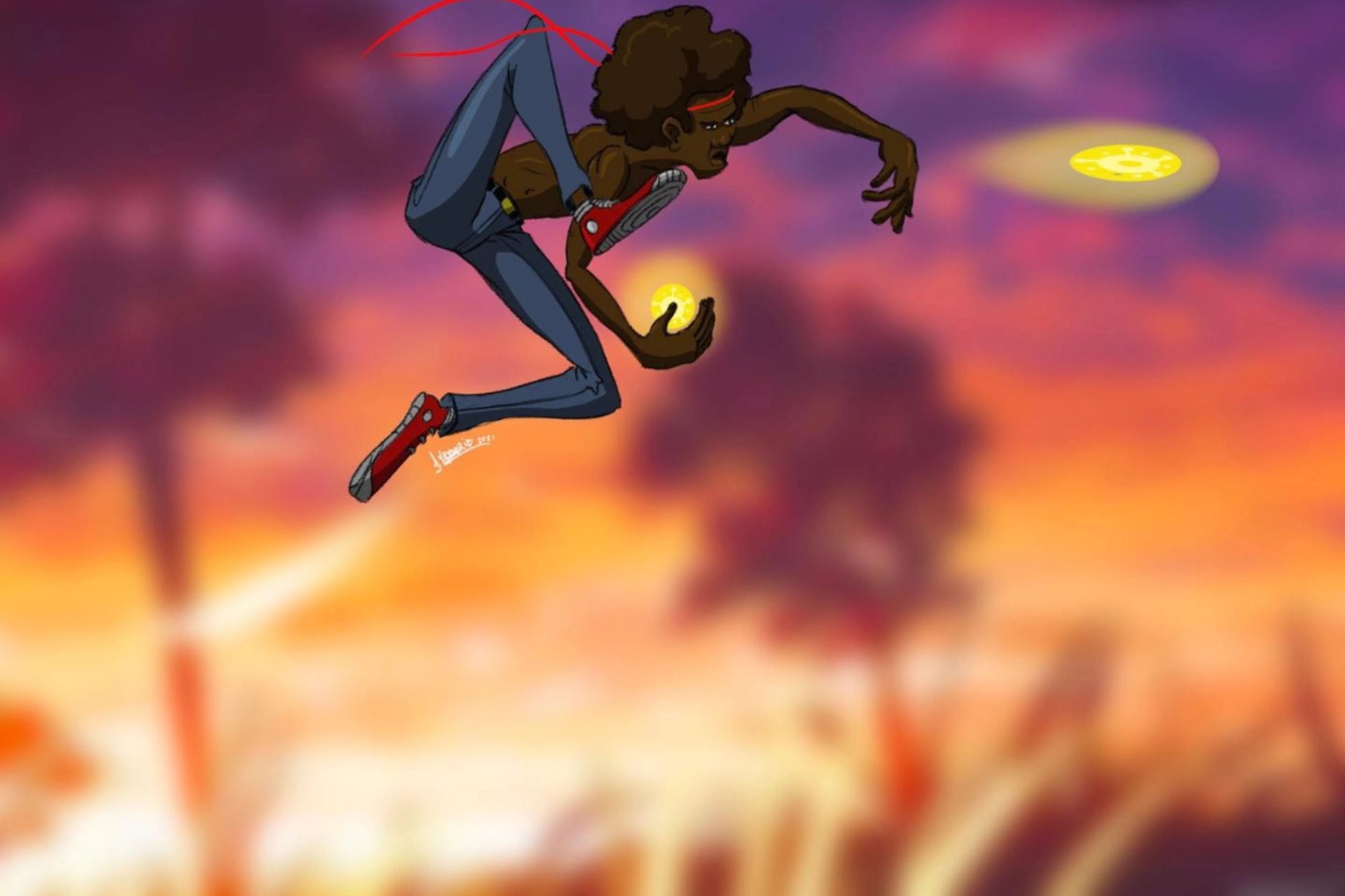Cartoon figure jumping and launching light balls in the sky