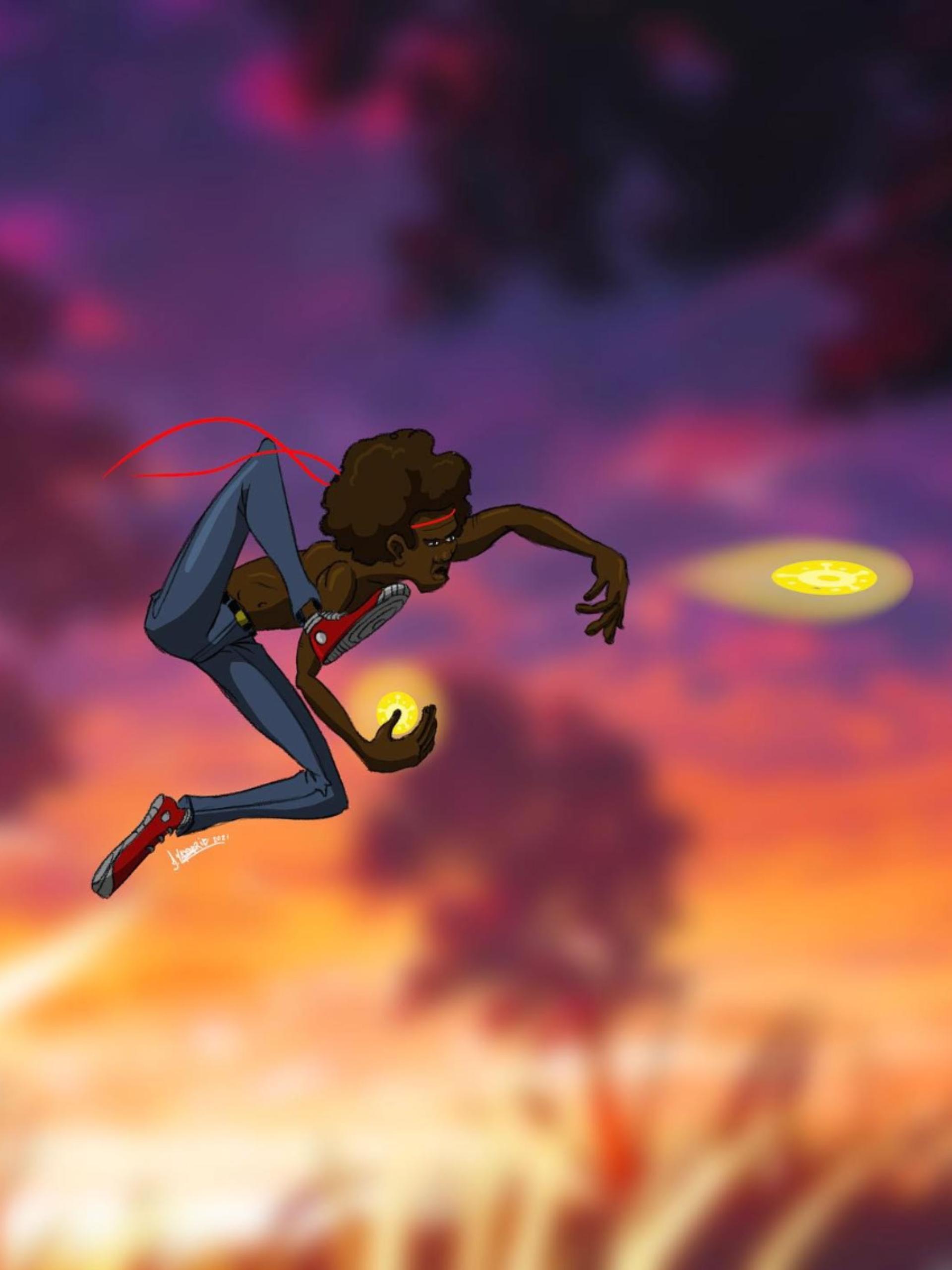 Cartoon figure jumping and launching light balls in the sky
