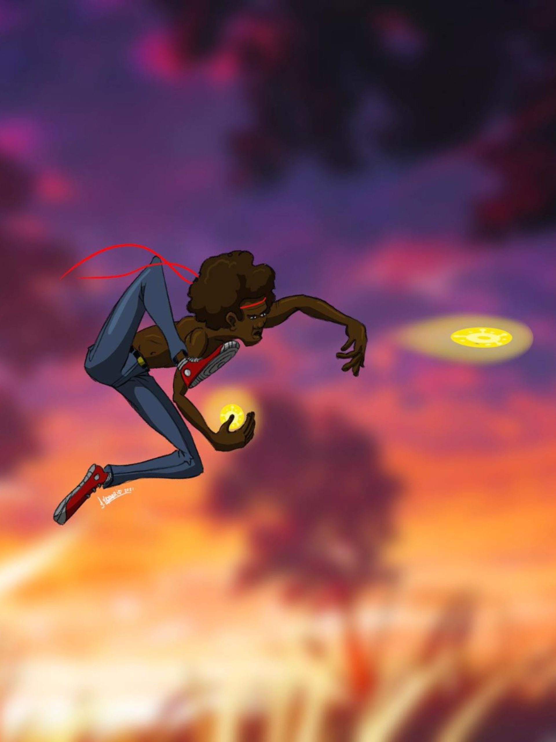 Cartoon figure jumping and launching light balls in the sky