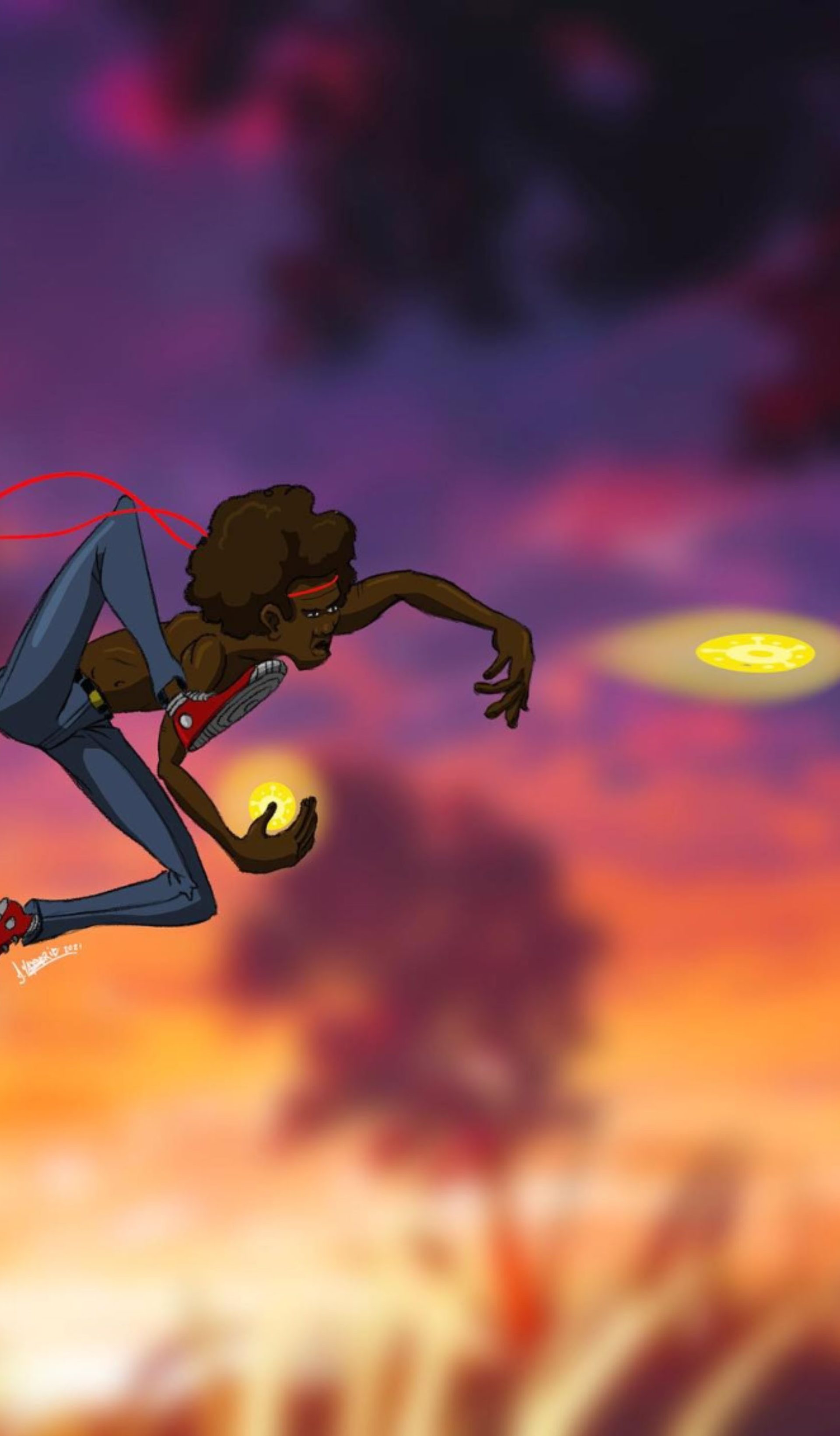 Cartoon figure jumping and launching light balls in the sky