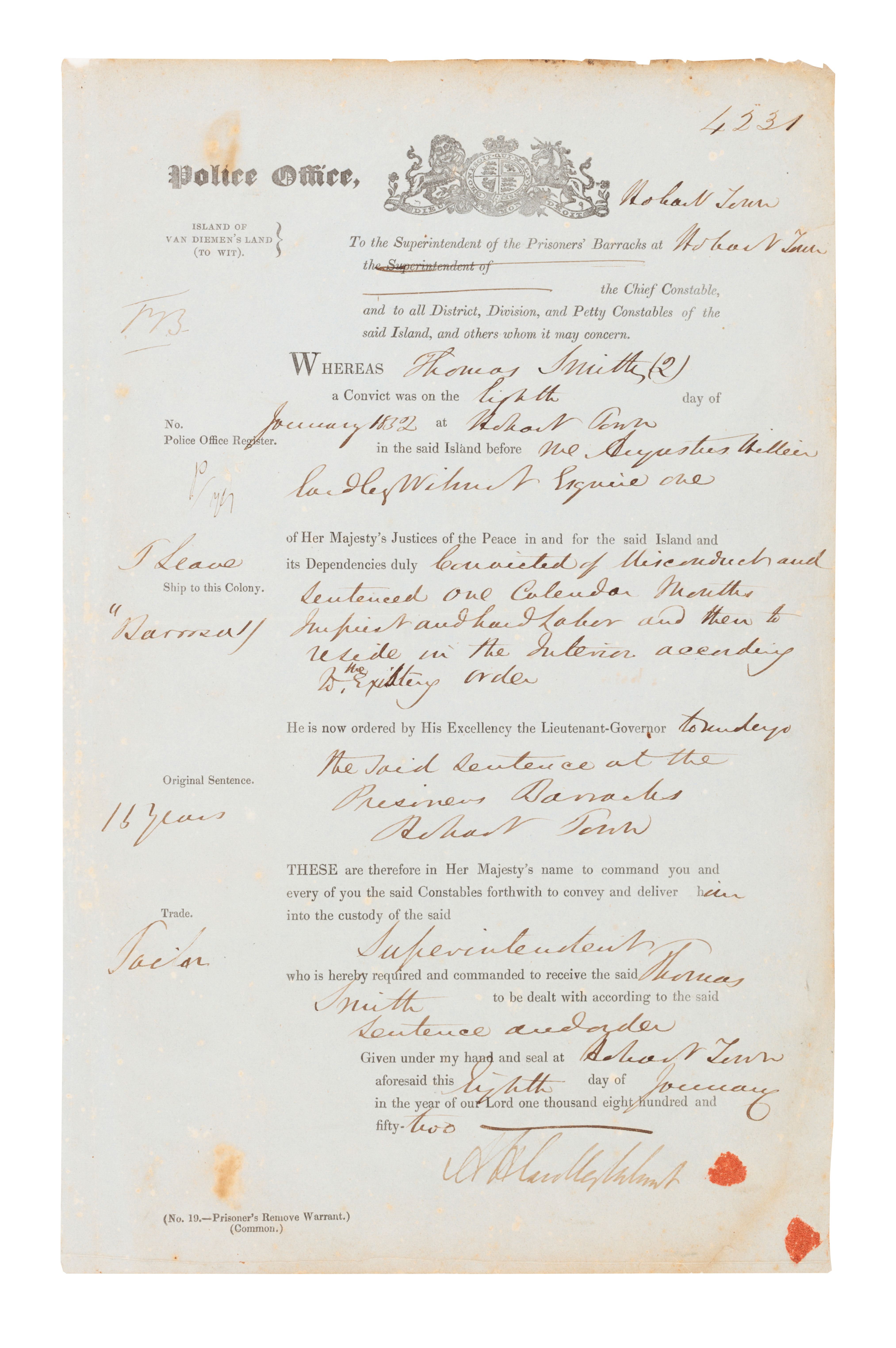 Printed paper form, portrait format - slightly smaller than A3, at top is 'Police Office' in gothic script and royal coat of arms, the text reads in mixture of print and hand writing of a prisoner who is to be removed and transferred.