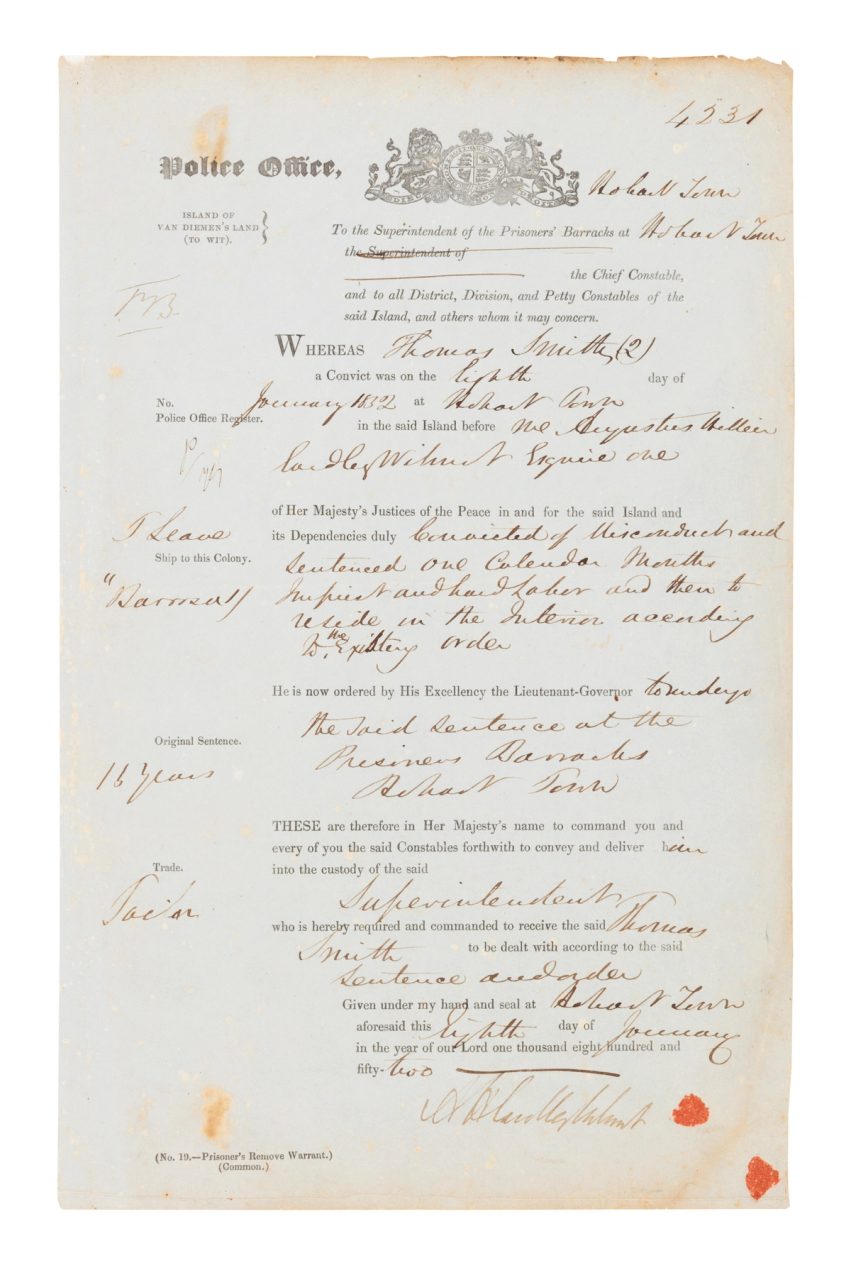 Printed paper form, portrait format - slightly smaller than A3, at top is 'Police Office' in gothic script and royal coat of arms, the text reads in mixture of print and hand writing of a prisoner who is to be removed and transferred.