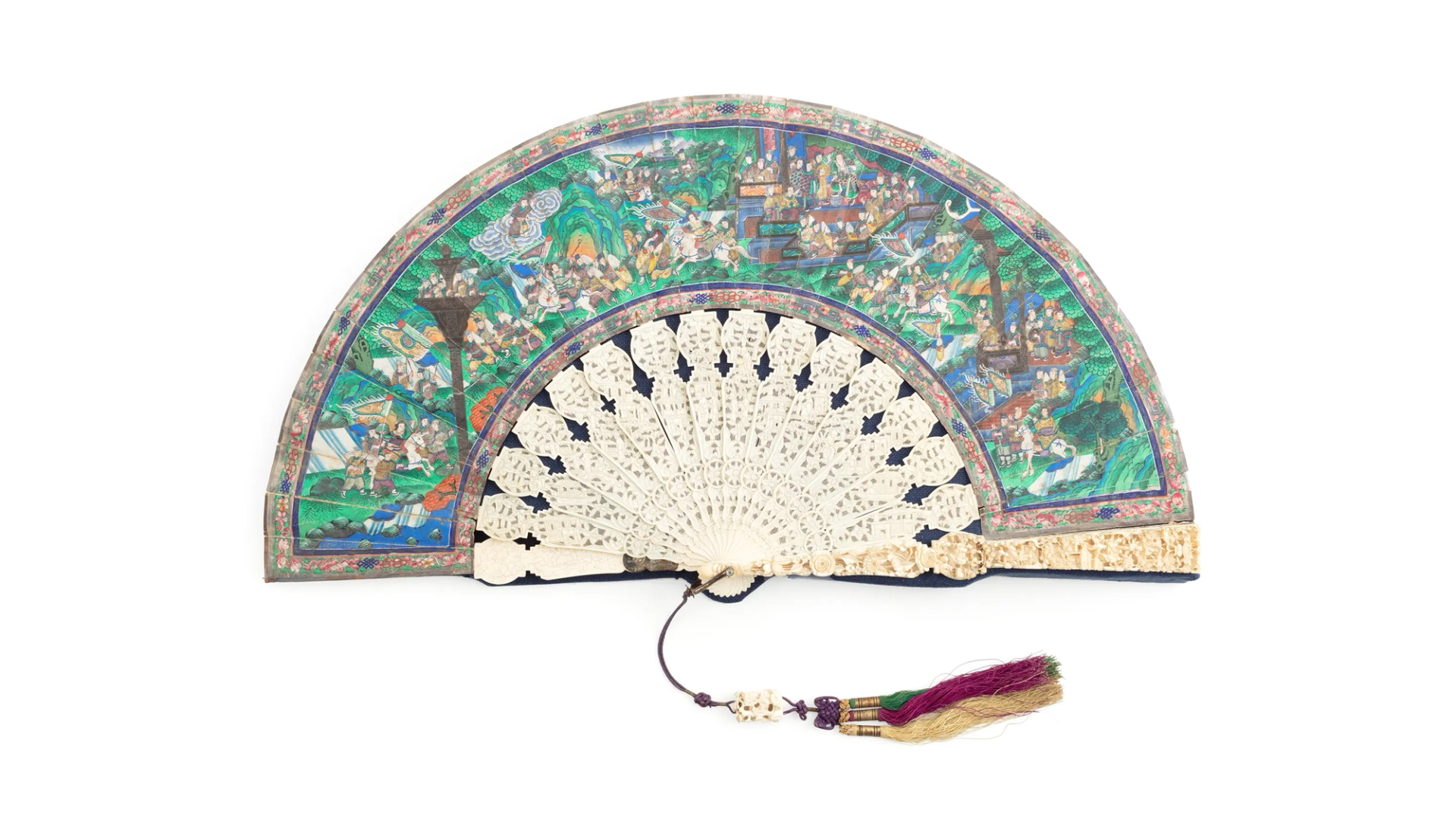 An Asian folding fan with painted designs of Macau motifs, blue decorative patterns and a tassel pendant.