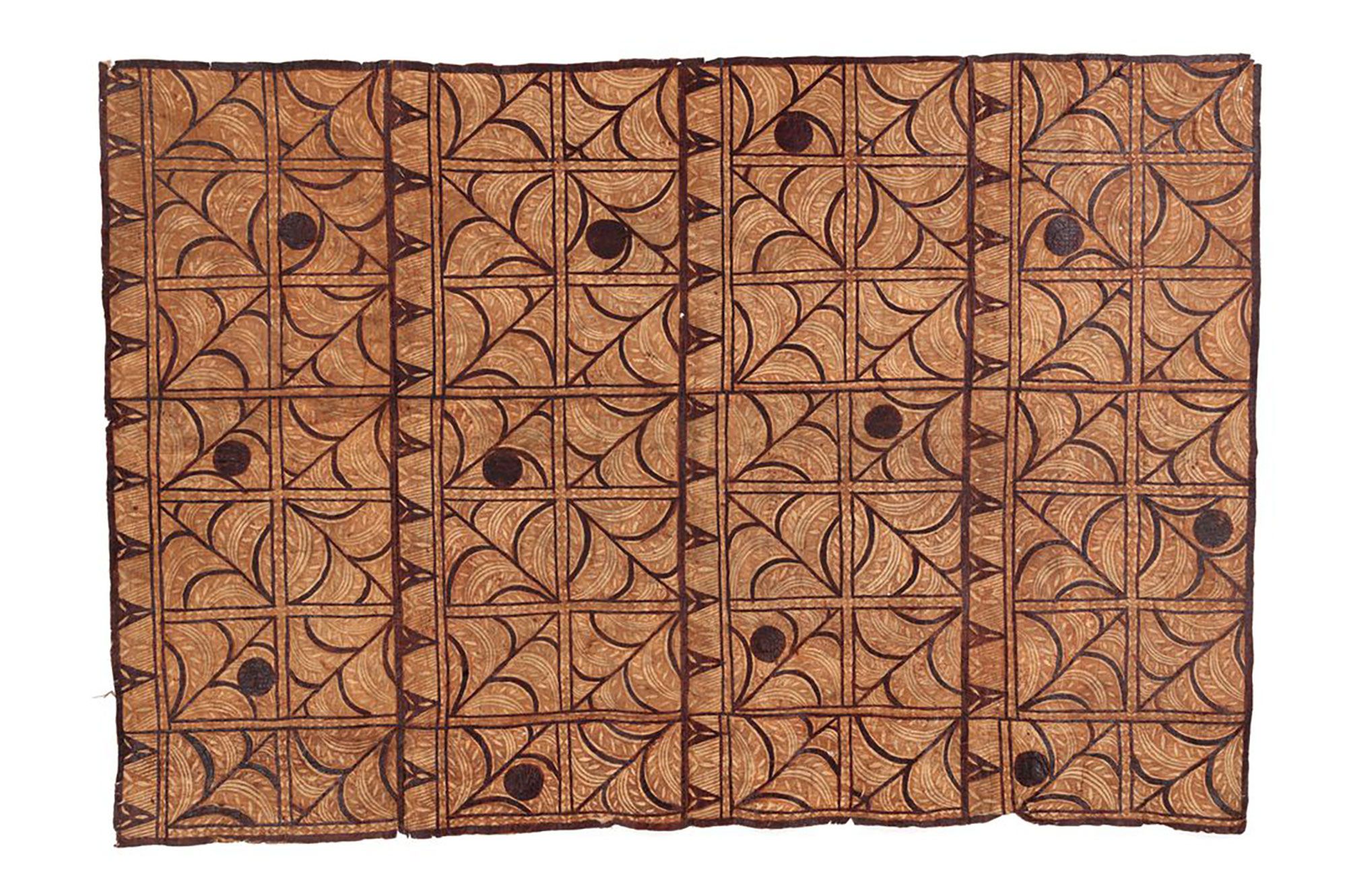 A brown Samoan bark cloth with dark brown patterns.
