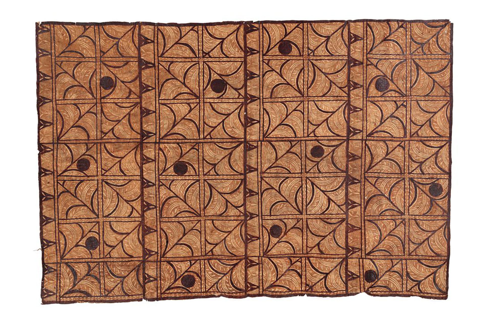 A brown Samoan bark cloth with dark brown patterns.