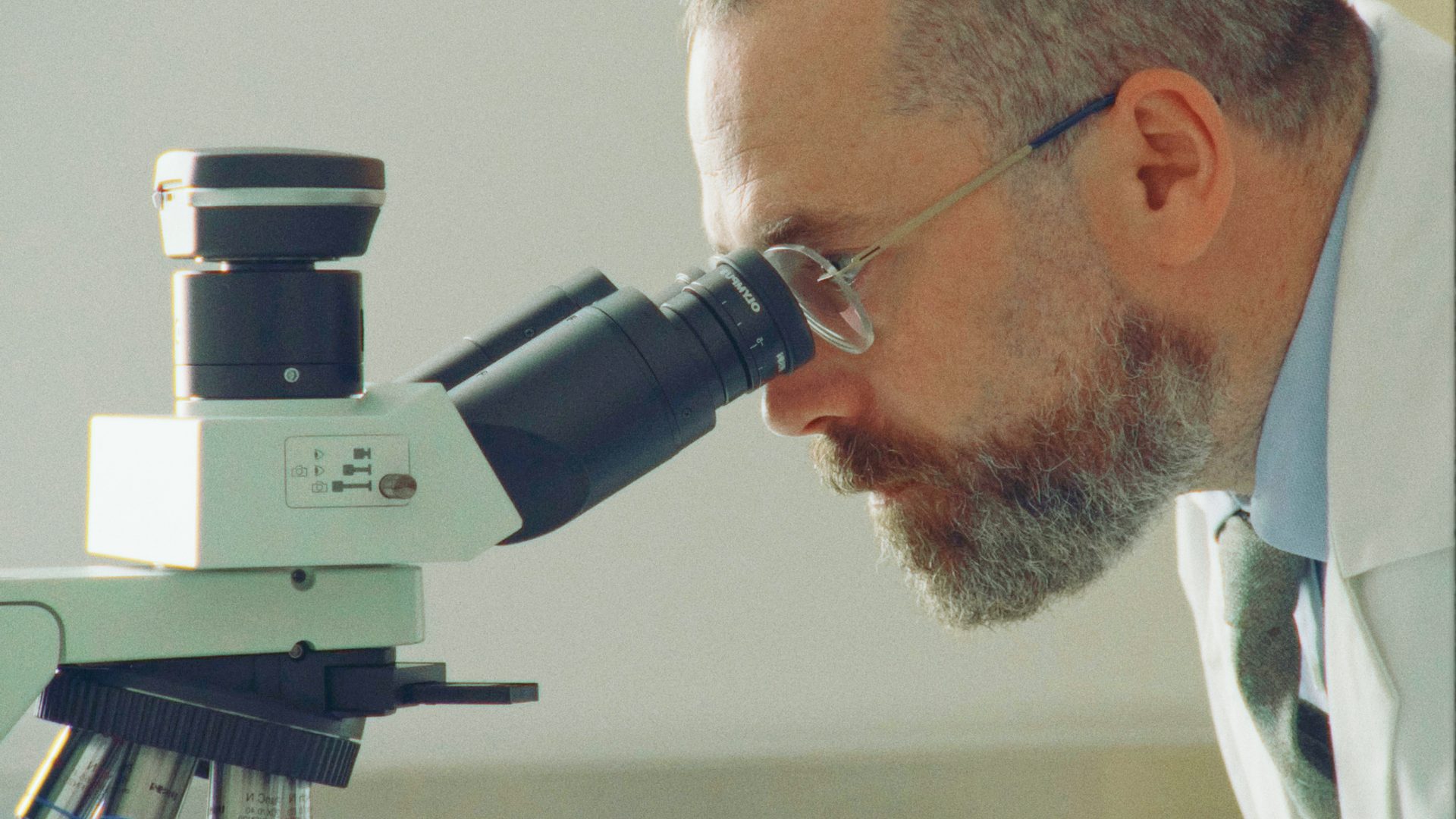 Conservator looking into microscope.