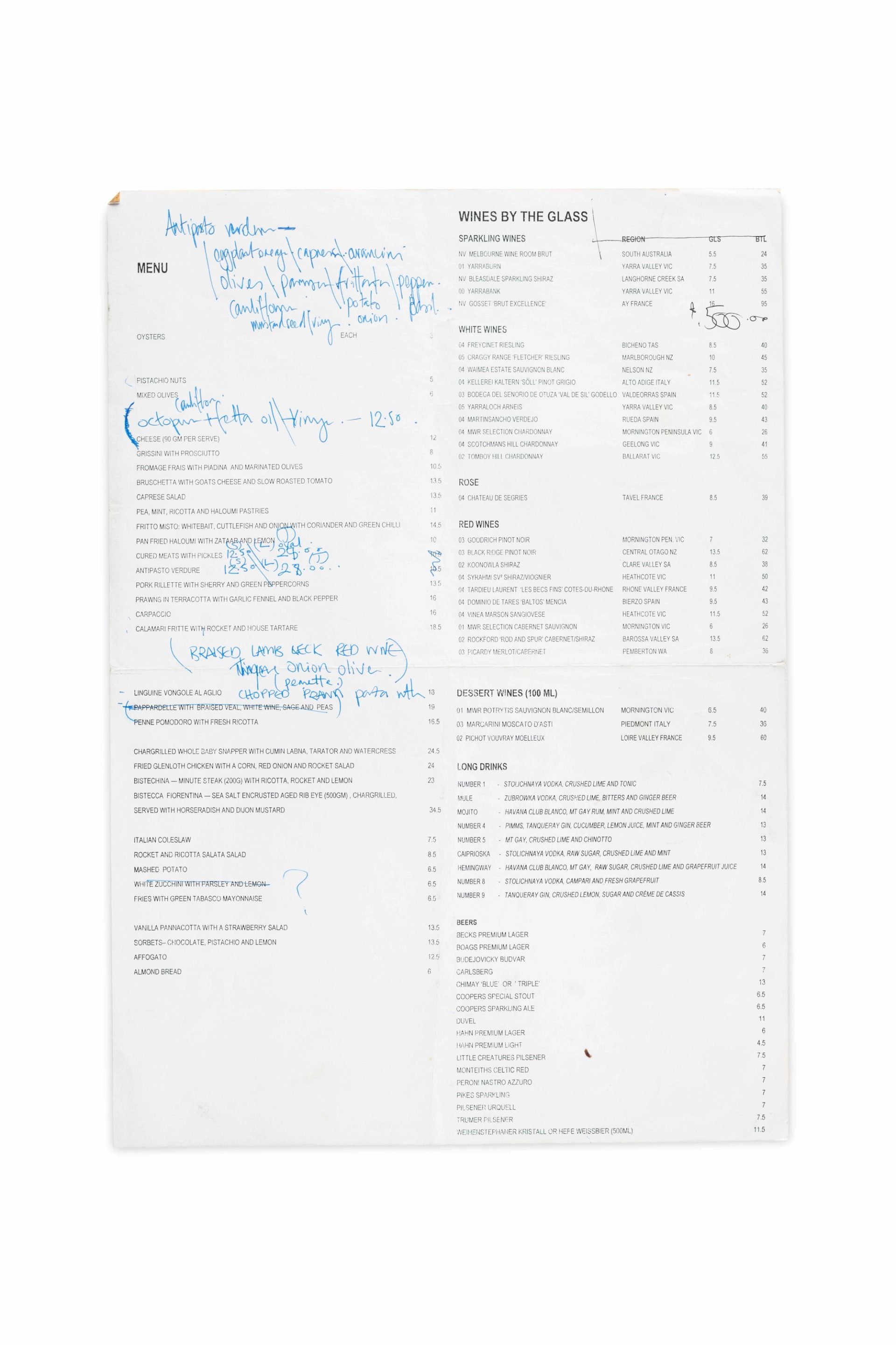 Menu with scribbles atop it.