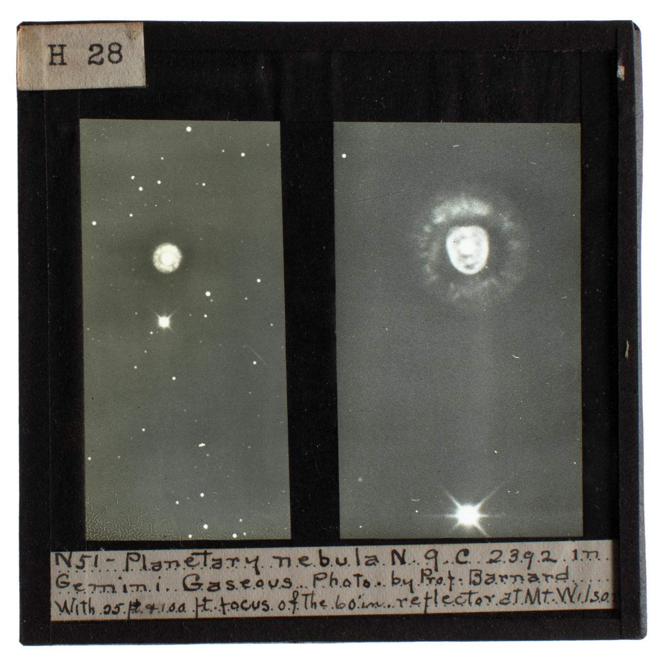 Photograph of a black framed glass plate slide depicting planetary nebulae N.G.C. 2392 in Gemini.
