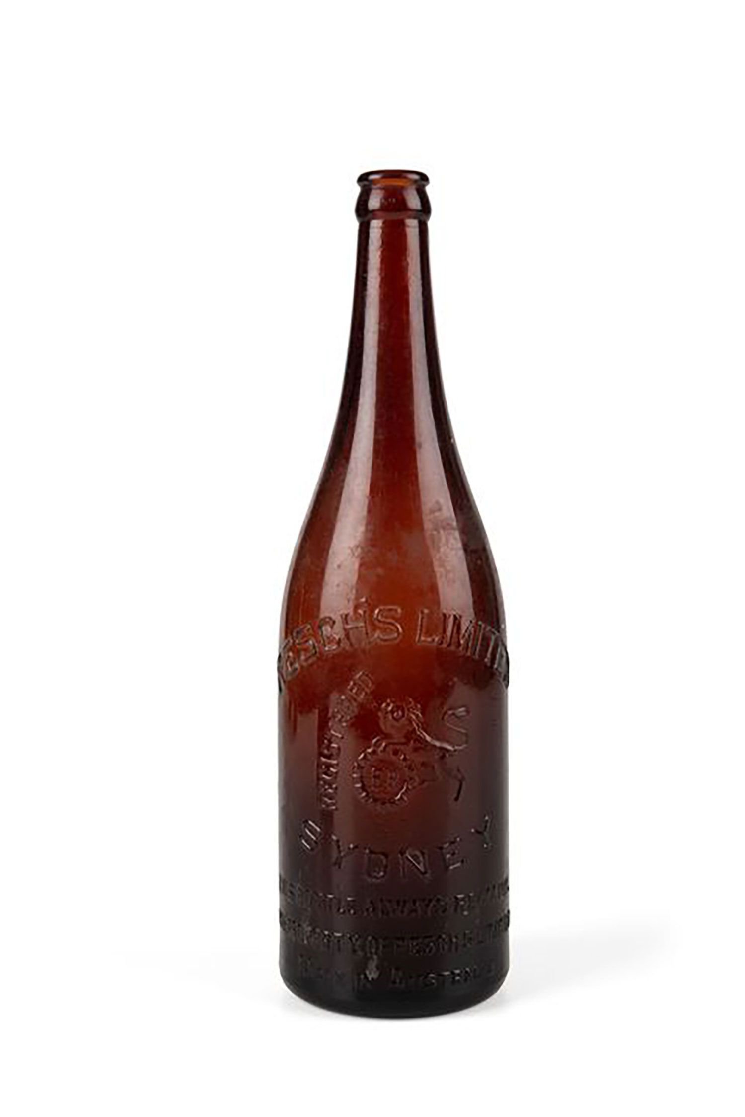 Brown glass beer bottle made by Resch’s.