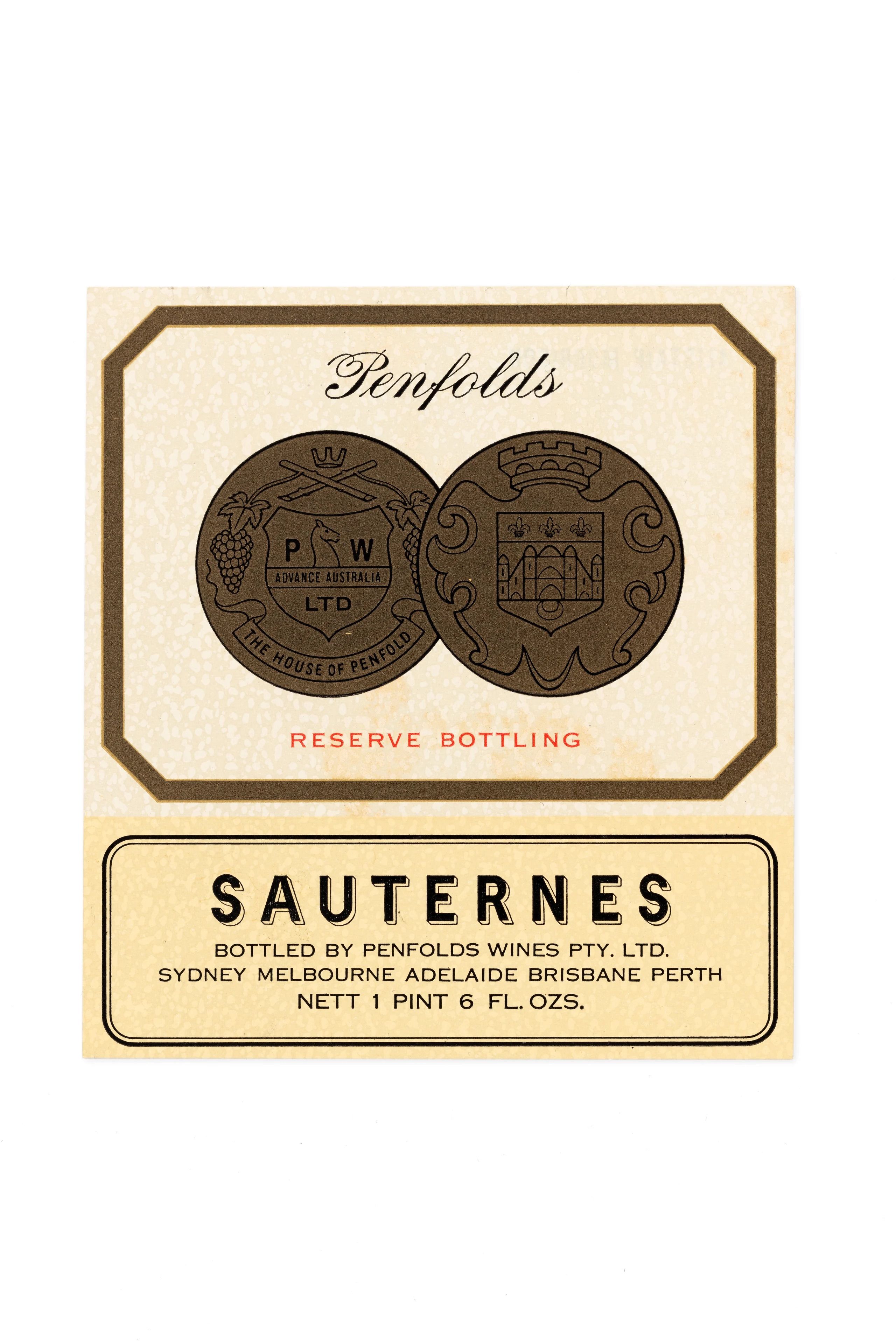 A paper wine label with bronze border and bronze Penfolds logo in the centre.