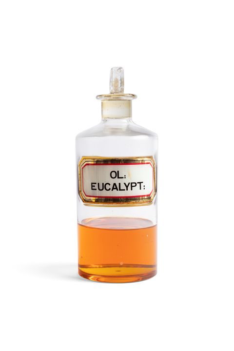 Apothecaries, 3, square stoppers, clear glass, the labels square with canted corners, 'LIQ:BISMUTHI', 'OL:EUCALYPT', 'OL:AMYCD:ESS' (AF).