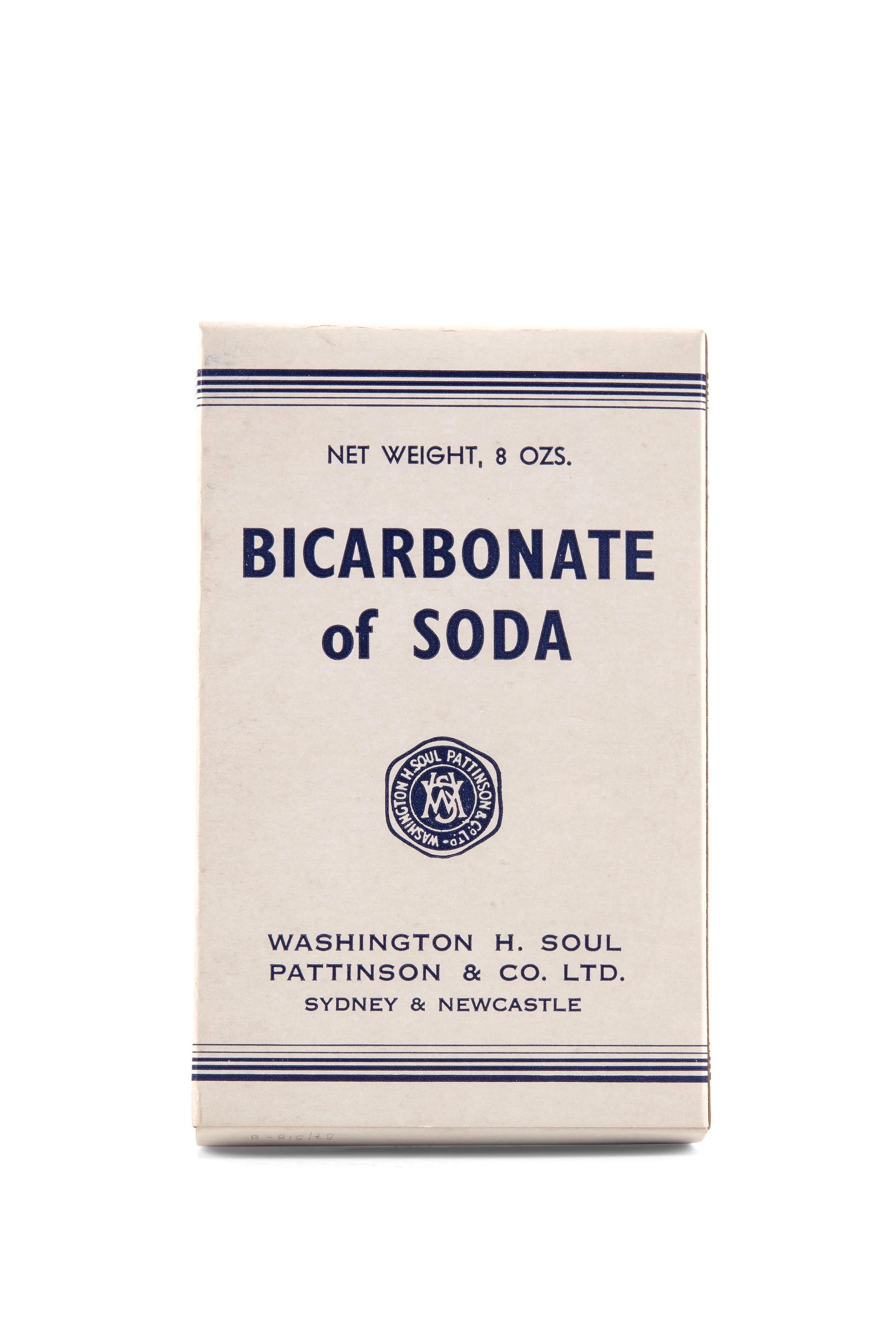 A rectangular cardboard box, white with blue print.