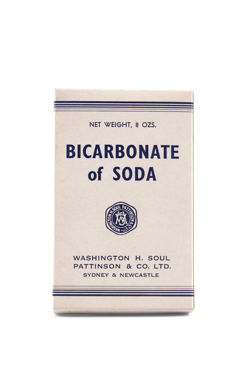 A rectangular cardboard box, white with blue print.