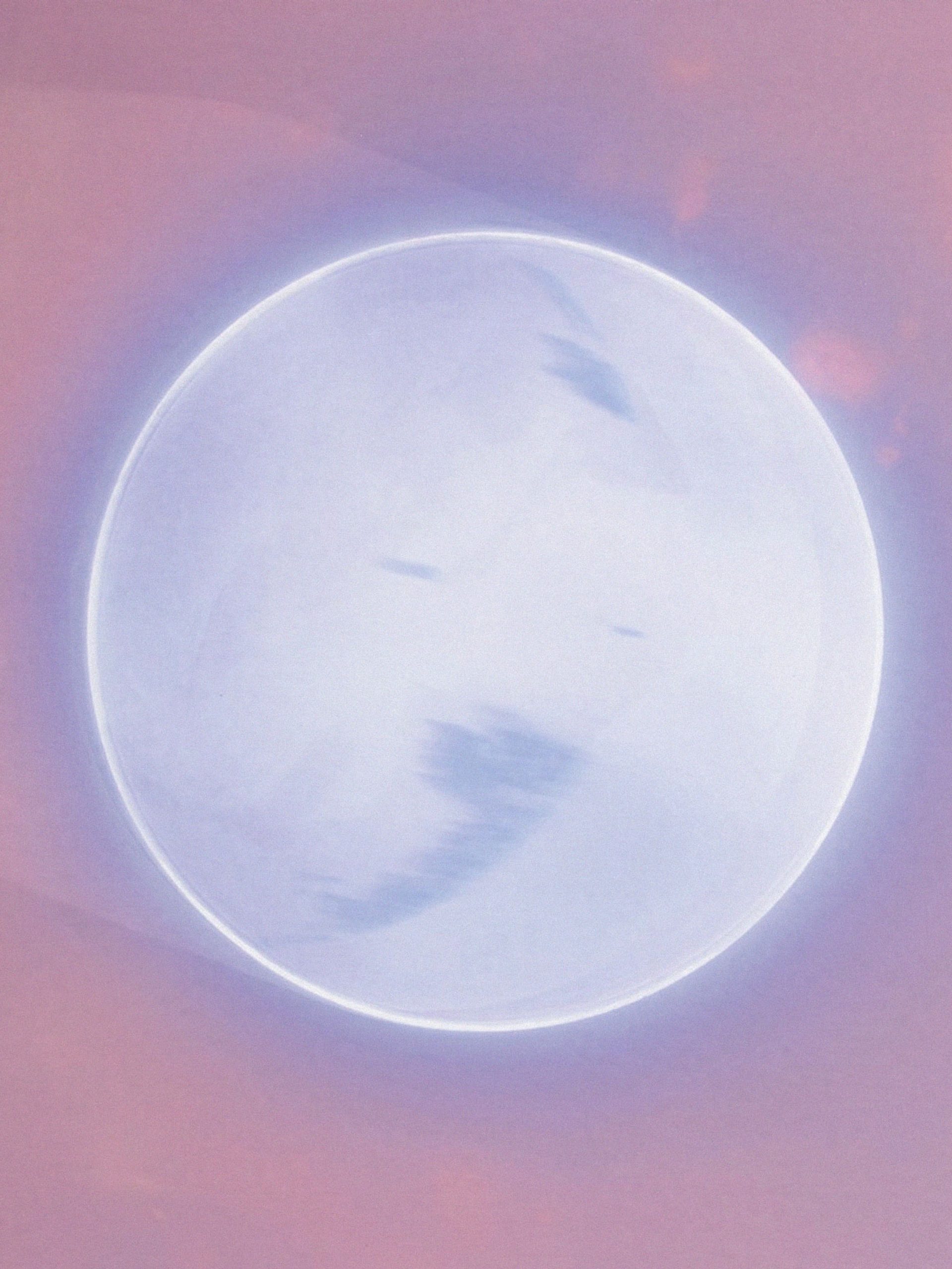 Grey planet lit with a silver ring, and surrounded in pink.