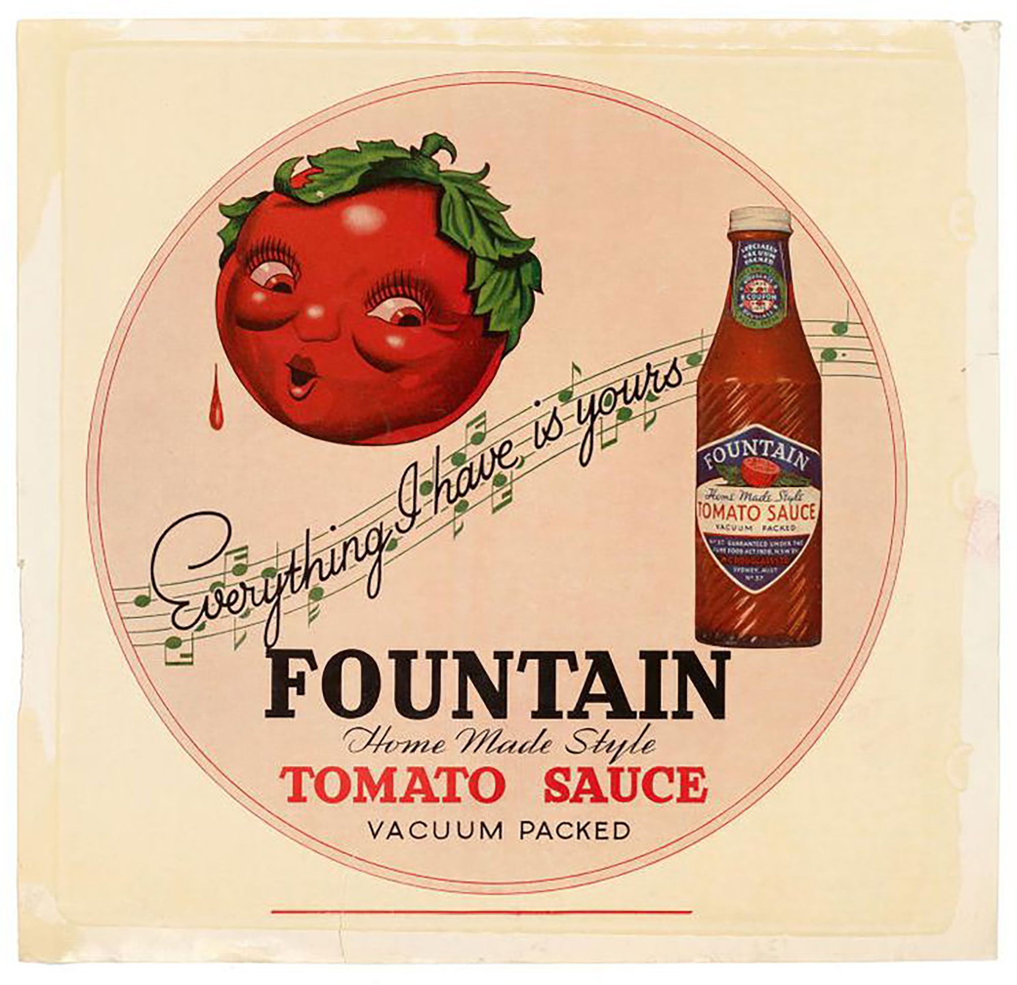 Poster, 'Everything I have is yours', Fountain tomato sauce, polychrome print on paper, illustrated with cartoon tomato and music notes