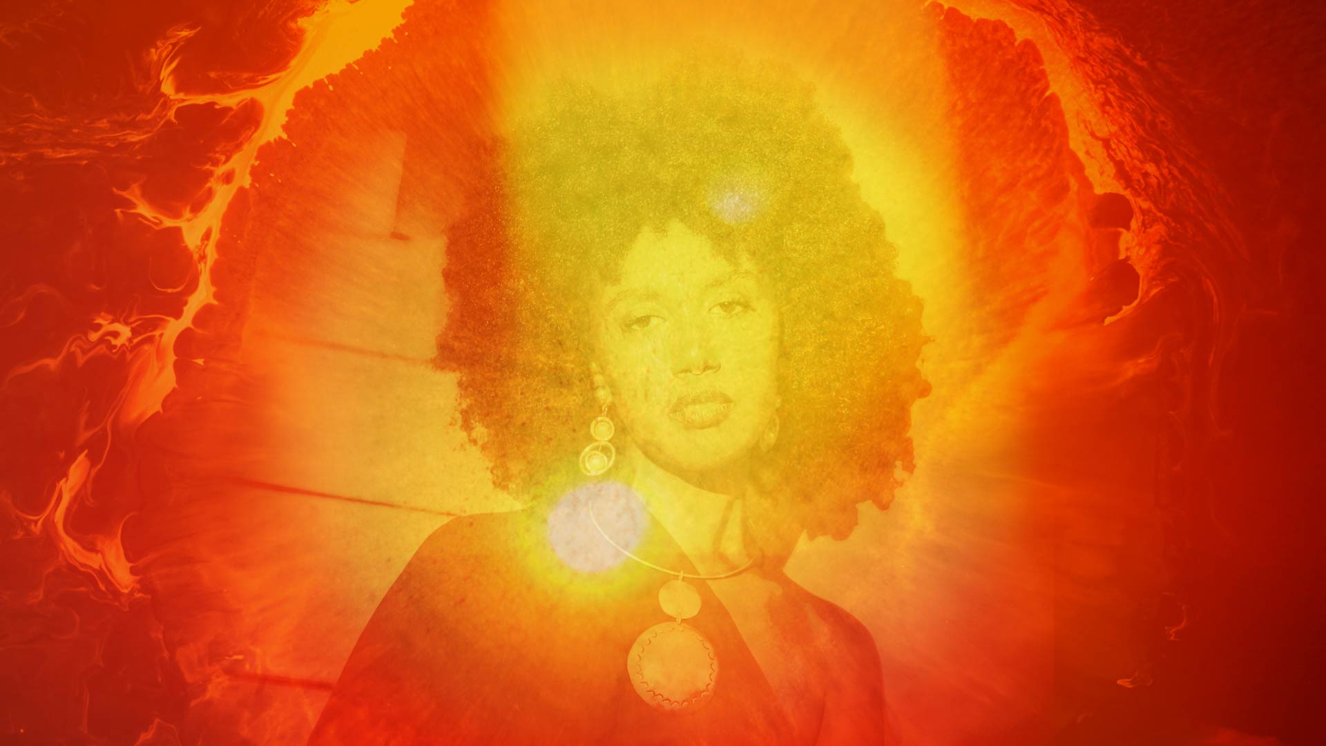 Photo bashed motion image with bright orange sunsets and natural textures over a silhouette of musician Nū.