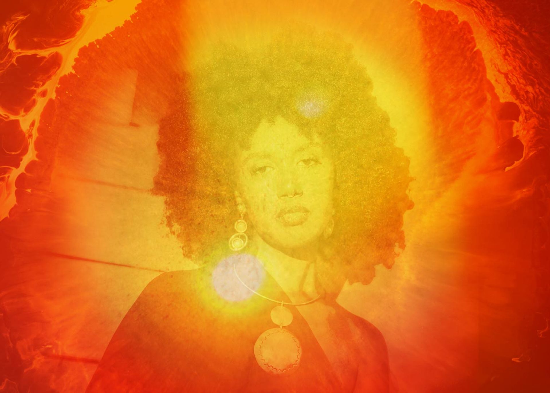 Photo bashed motion image with bright orange sunsets and natural textures over a silhouette of musician Nū.