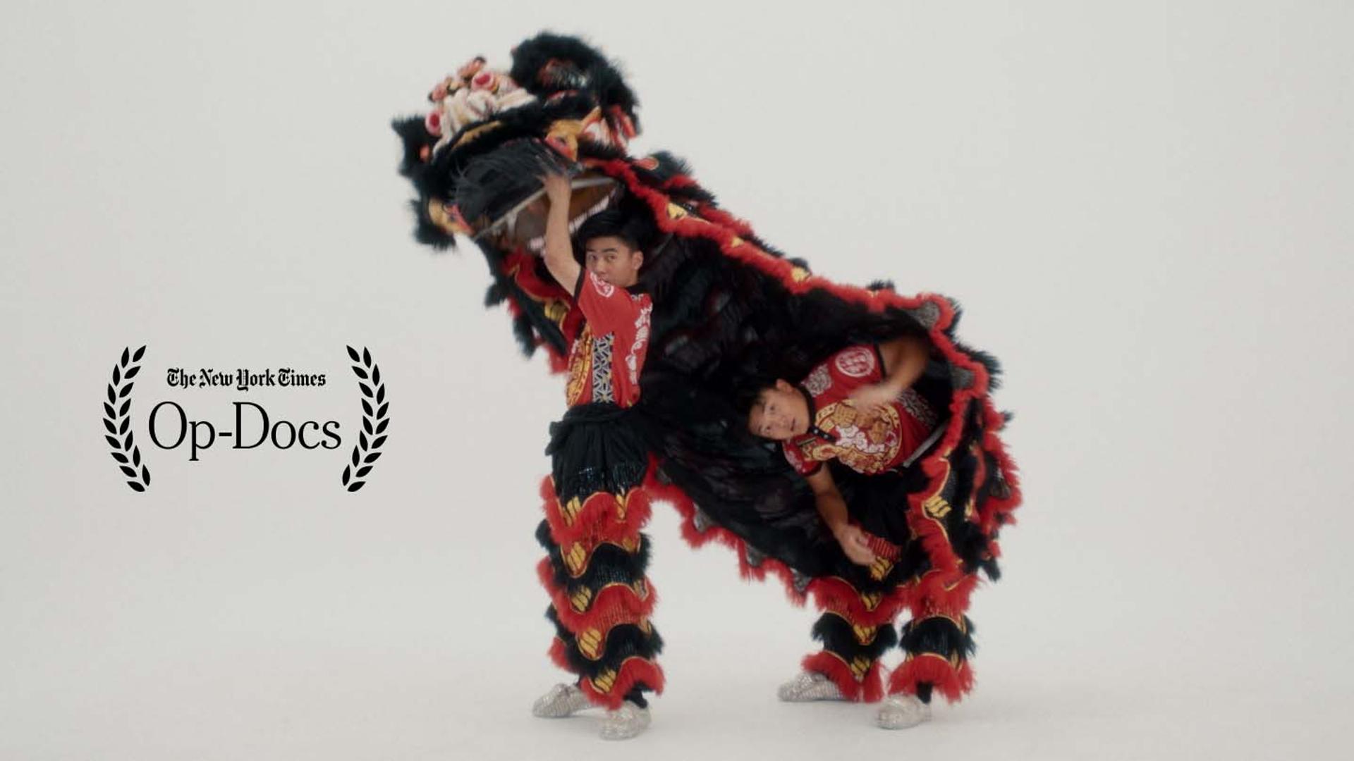two mean move from under a lion costume