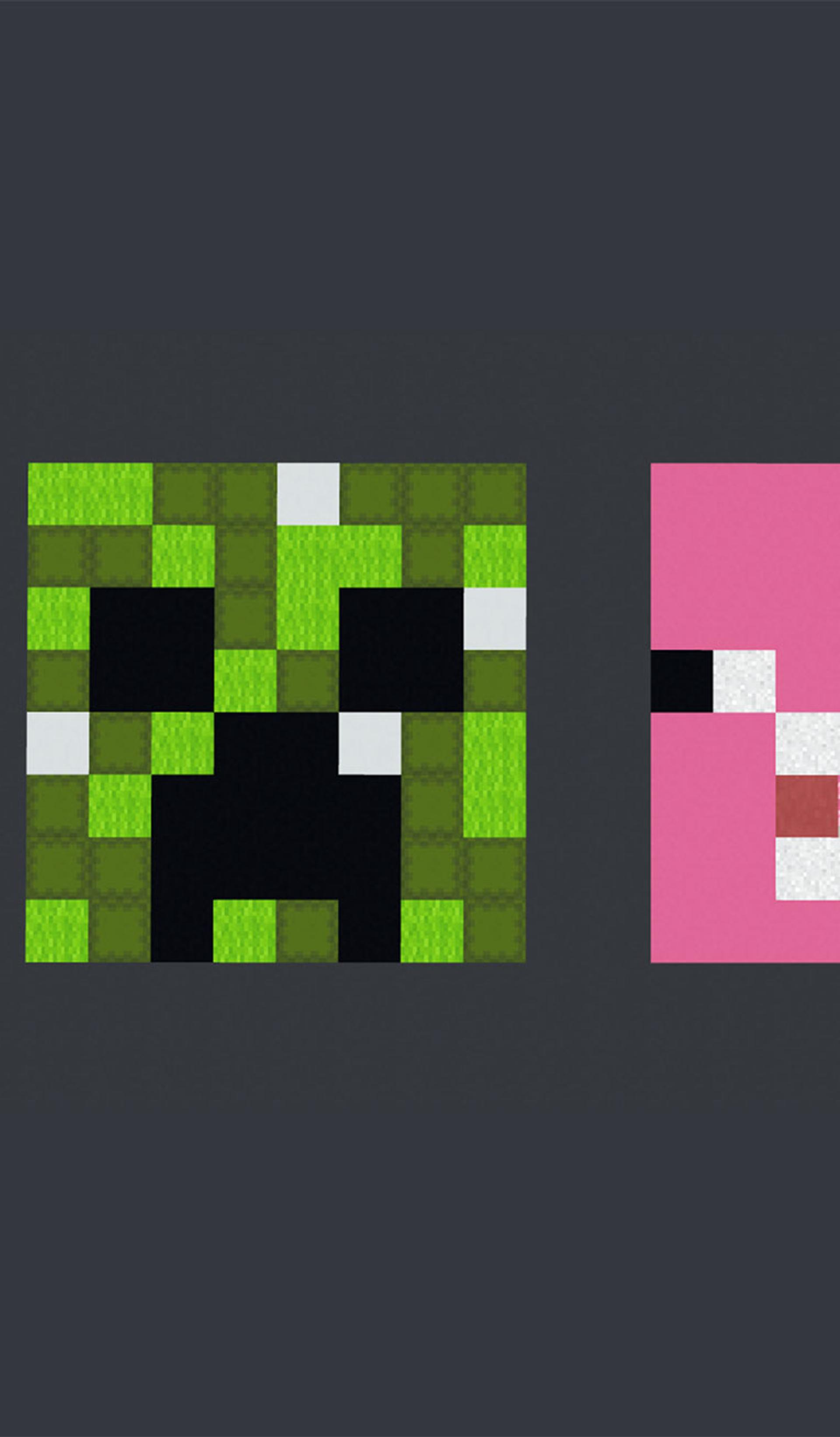 A green and black pixelated square icon depicting a Minecraft creeper and a pink, black and white pixelated square depicting a Minecraft pig face.