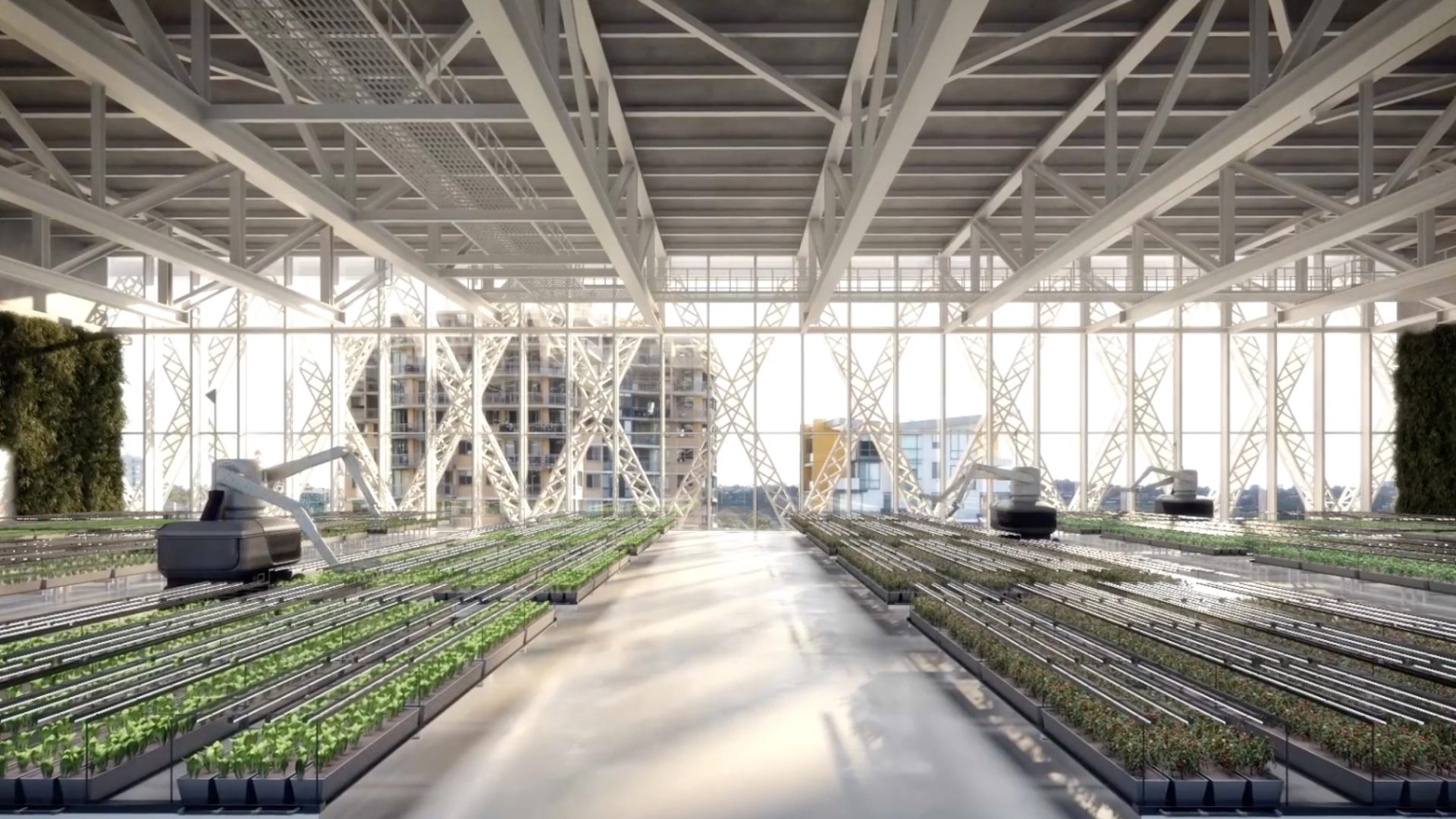 robots looking after rows of plants inside the new powerhouse building