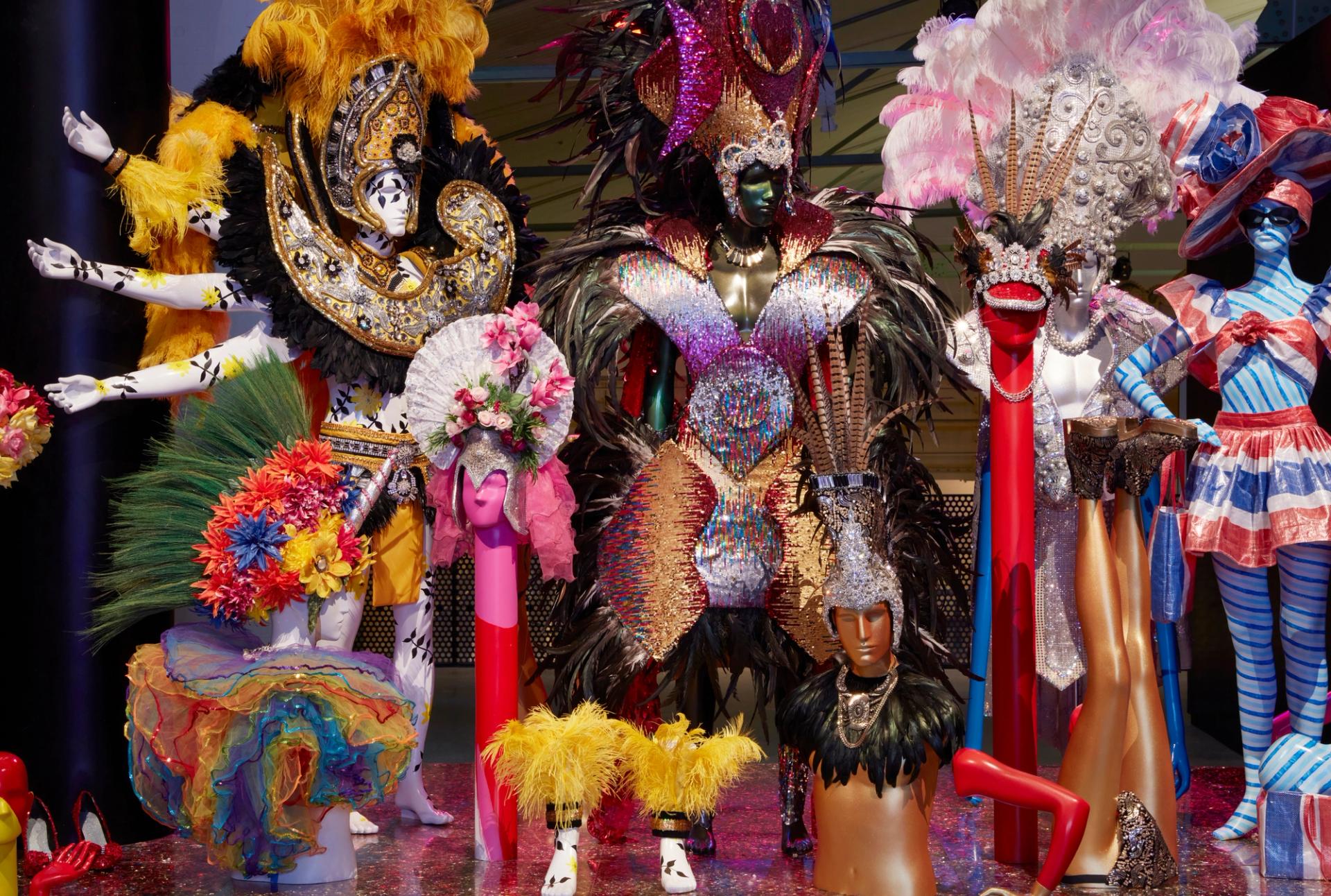 A fabulous display of costumes featuring a variety of sparkles, colours, feathers and textures.