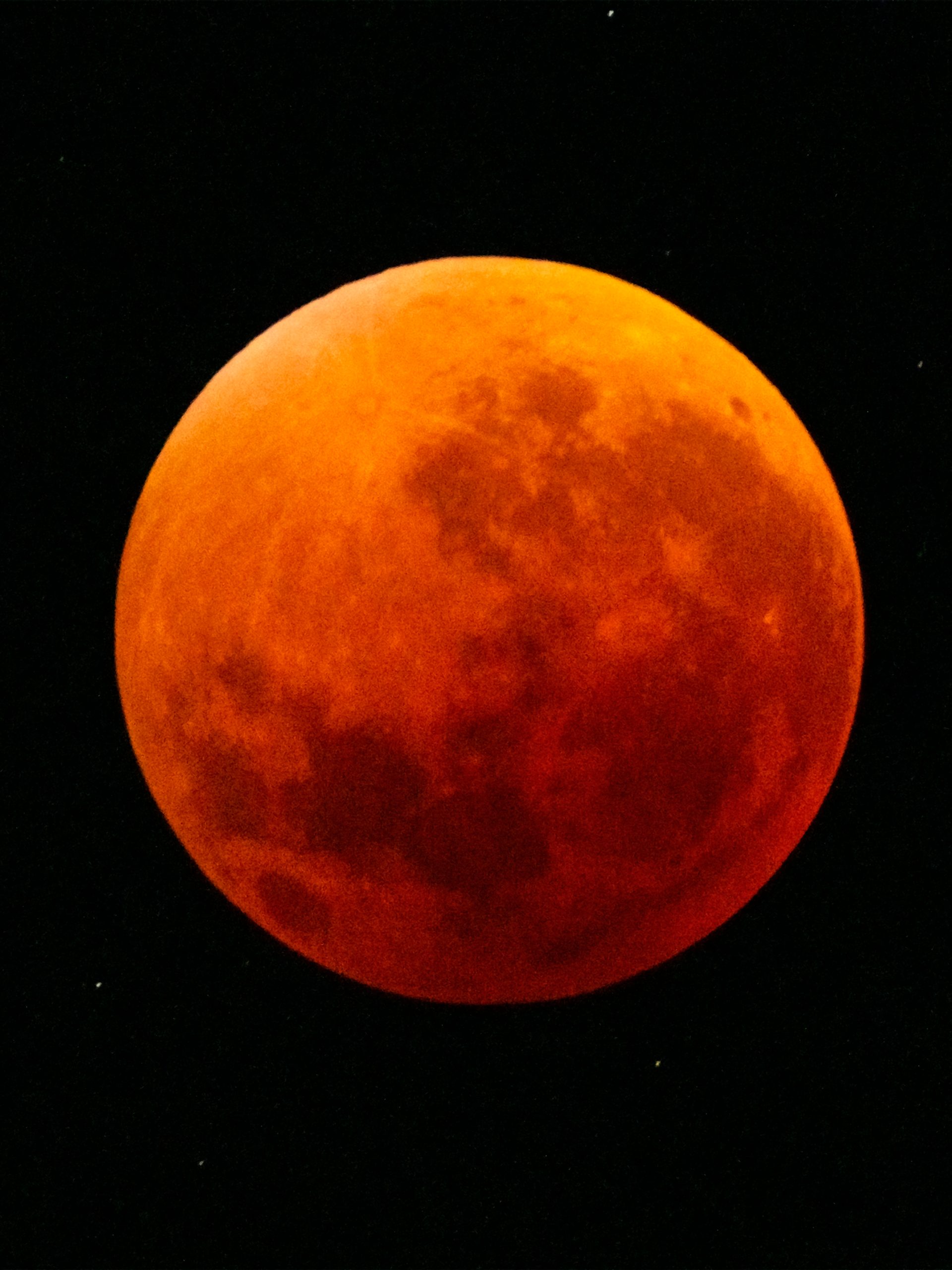 Total lunar eclipse showing the Moon fully immersed in Earth's shadow, appearing deep orange-red (blood moon) with visible surface details and a starry black background.