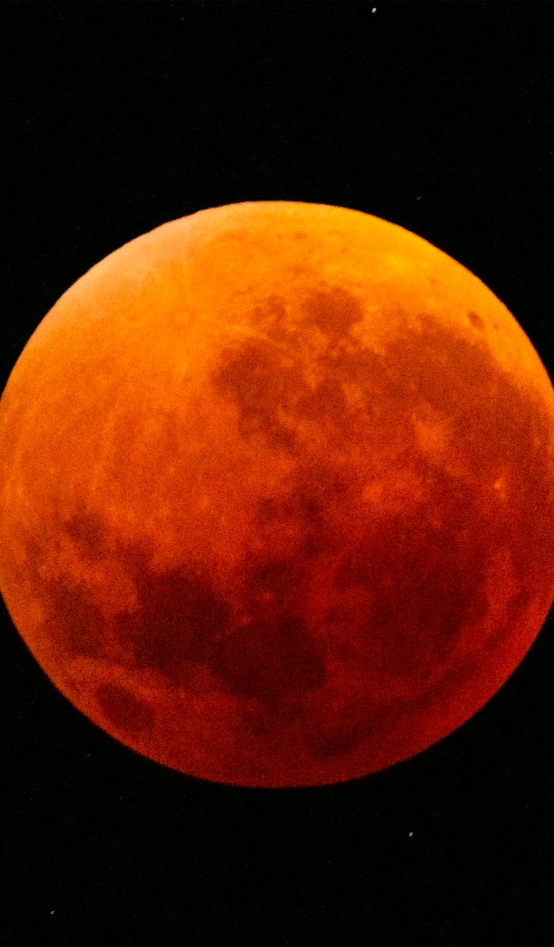 Total lunar eclipse showing the Moon fully immersed in Earth's shadow, appearing deep orange-red (blood moon) with visible surface details and a starry black background.