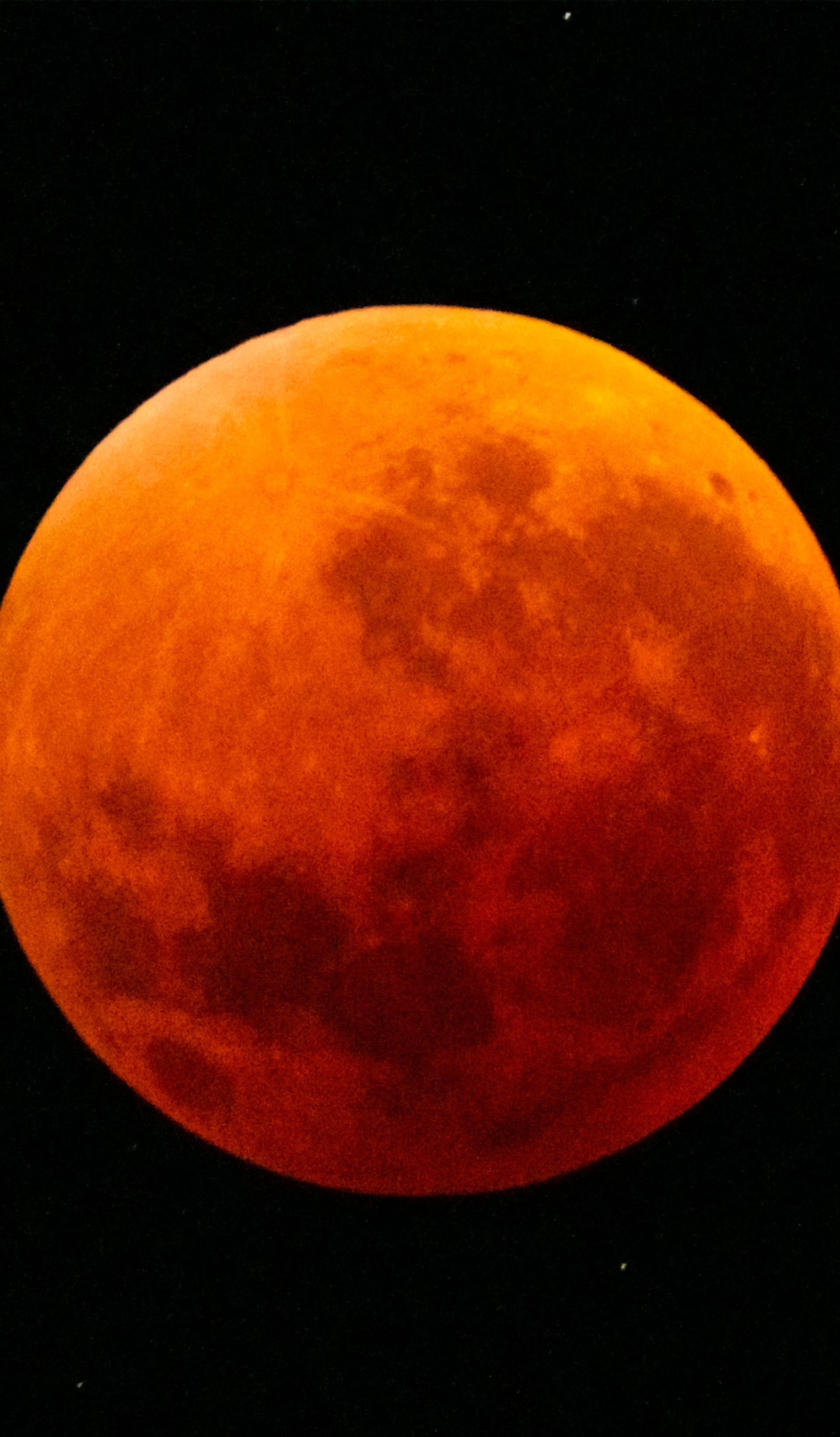 Total lunar eclipse showing the Moon fully immersed in Earth's shadow, appearing deep orange-red (blood moon) with visible surface details and a starry black background.
