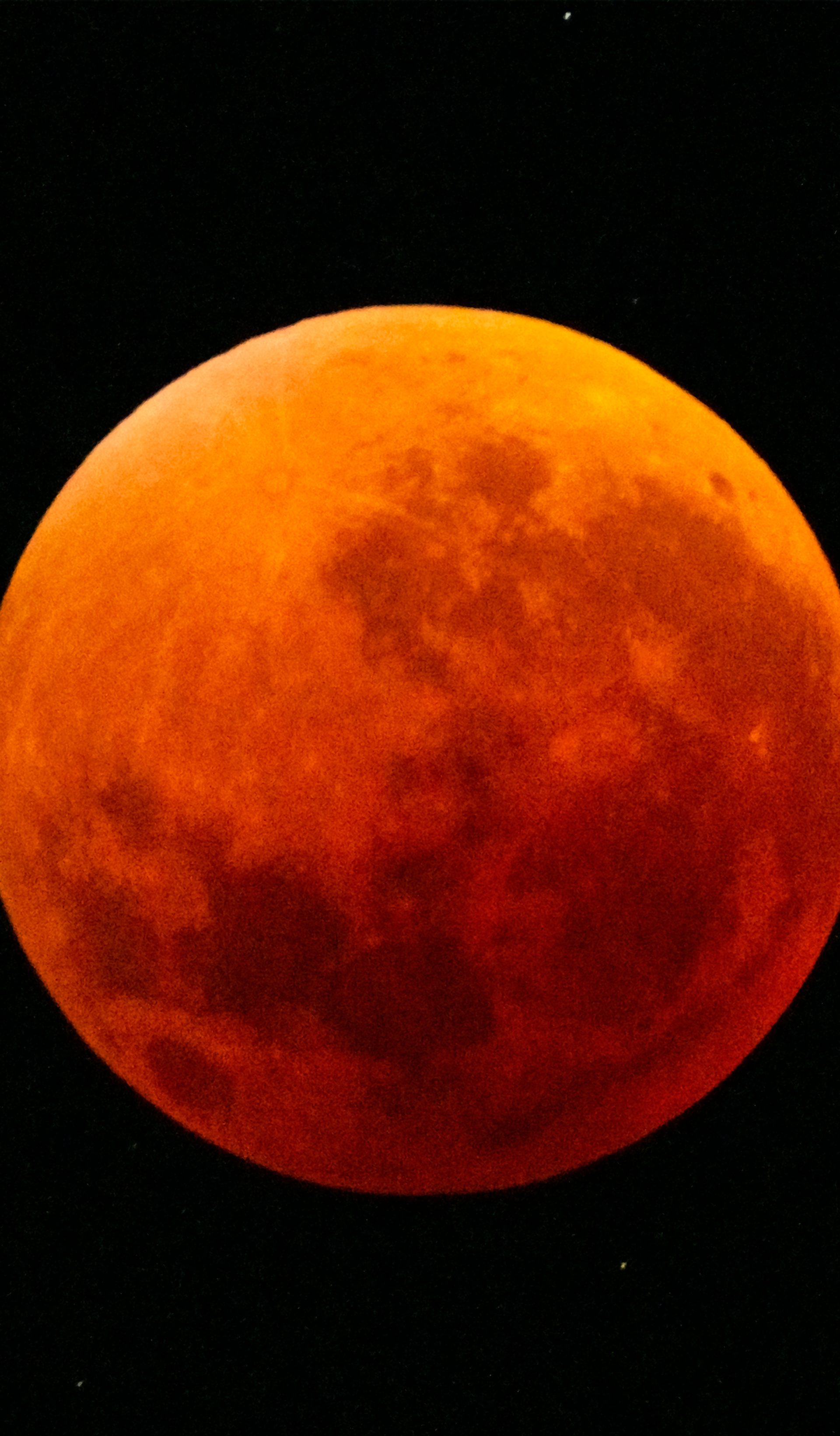 Total lunar eclipse showing the Moon fully immersed in Earth's shadow, appearing deep orange-red (blood moon) with visible surface details and a starry black background.