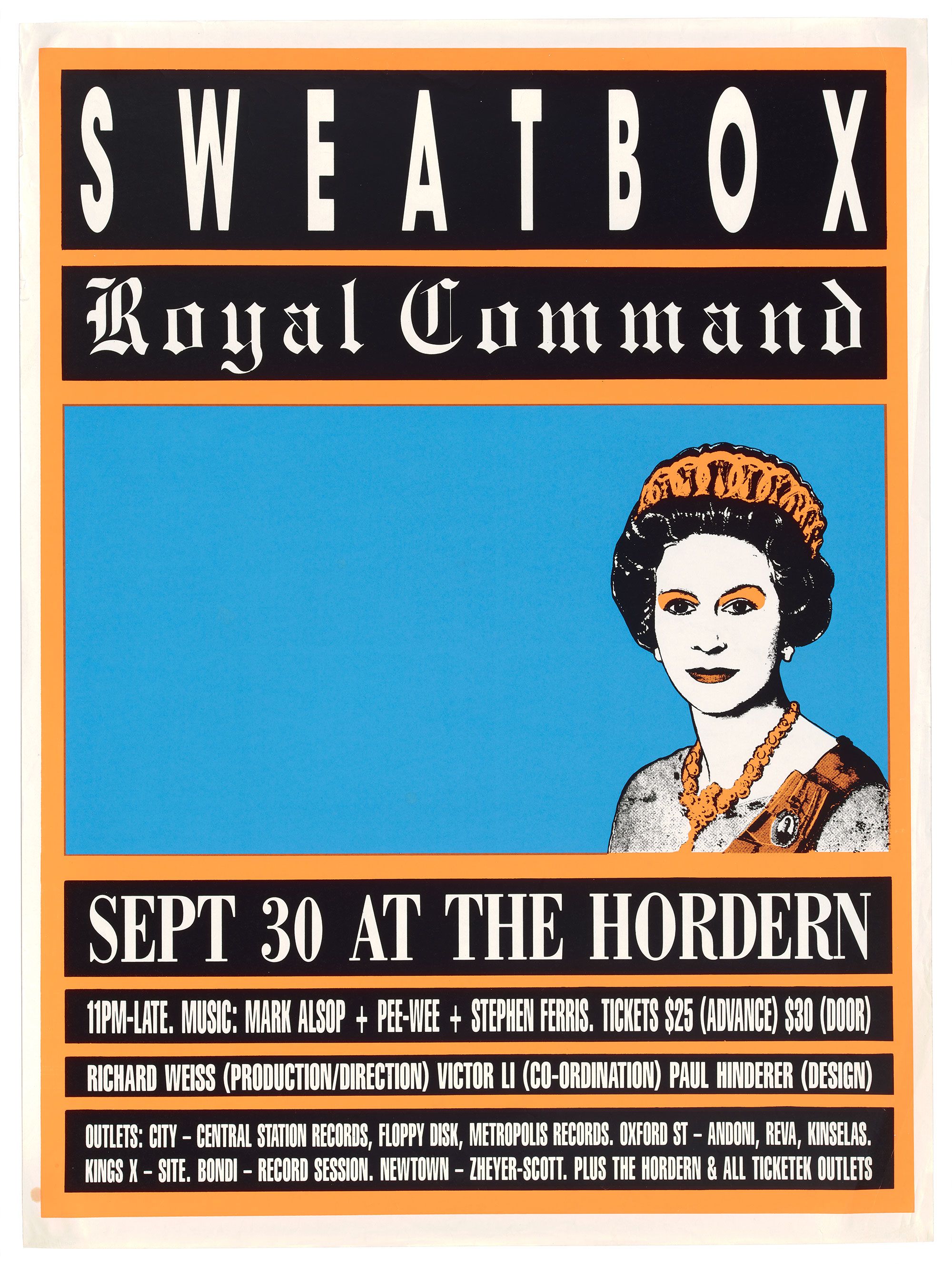 A poster with an orange frame, white text on a black background stating ‘Sweatbox Royal Command’. In the centre of the poster is an illustration of the Queen.