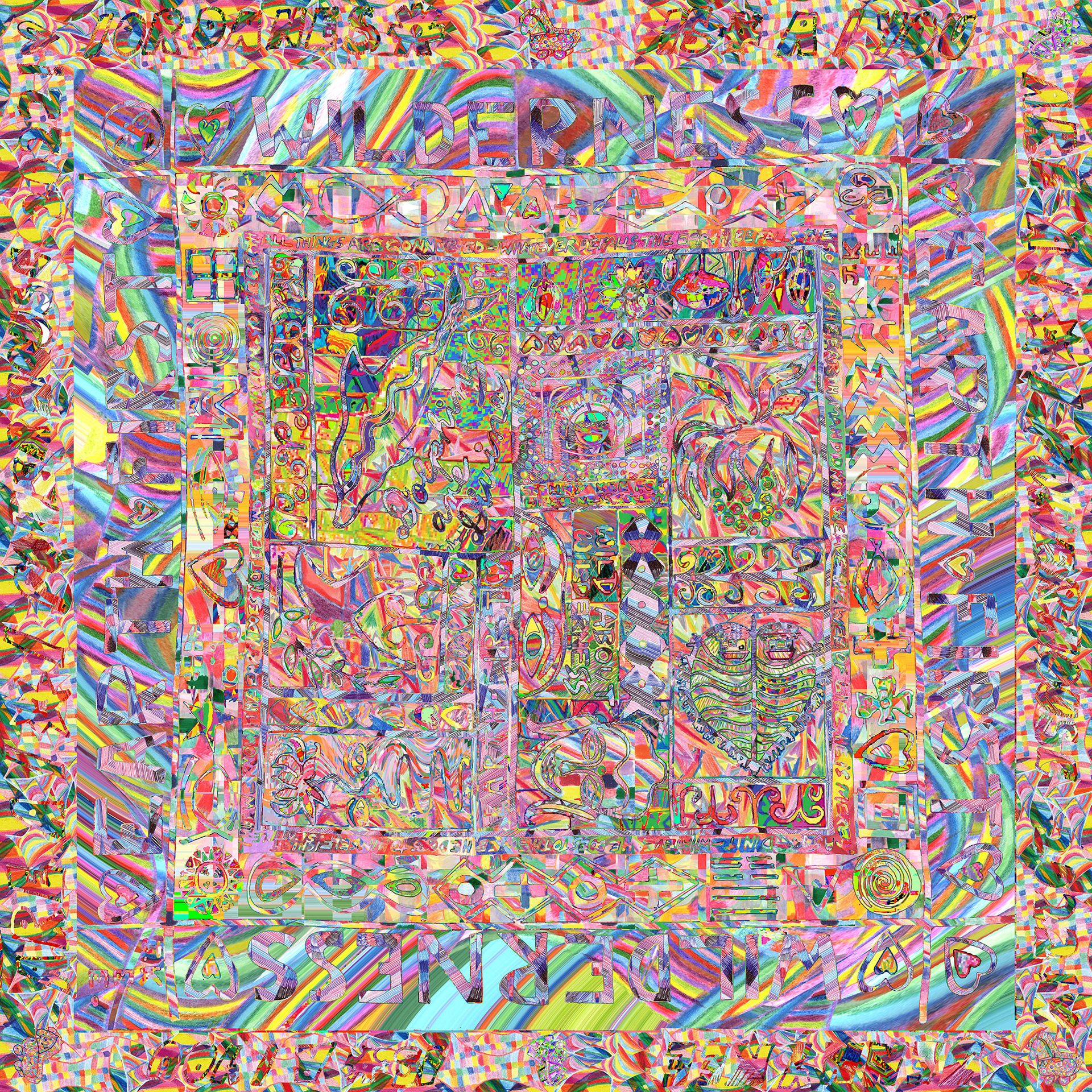 A square multi-colour print of densely illustrated text and symbols.