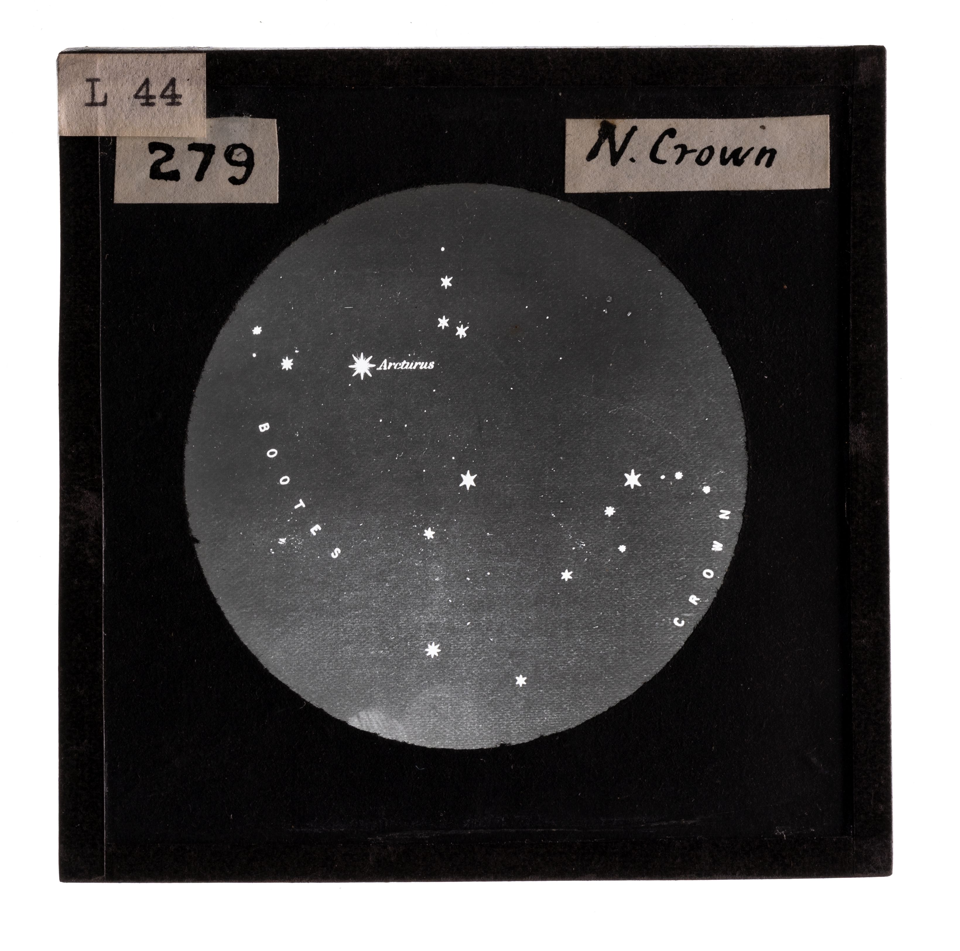Photograph of a framed lantern slide depicting the constellations Bootes and the Northern Crown.