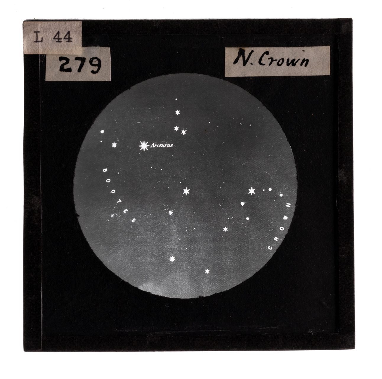 Photograph of a framed lantern slide depicting the constellations Bootes and the Northern Crown.
