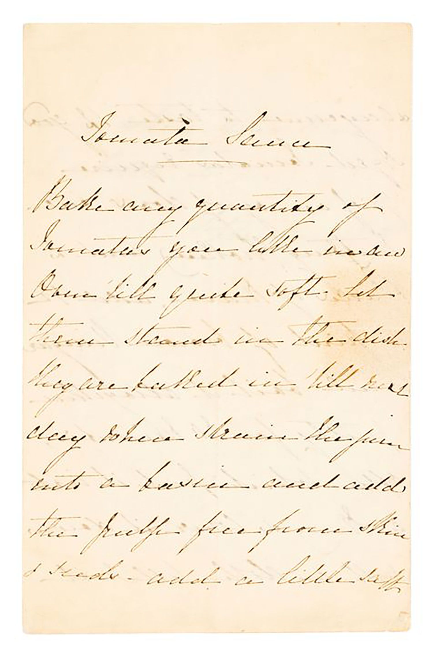 Tomato sauce recipe, handwritten on paper in cursive writing.