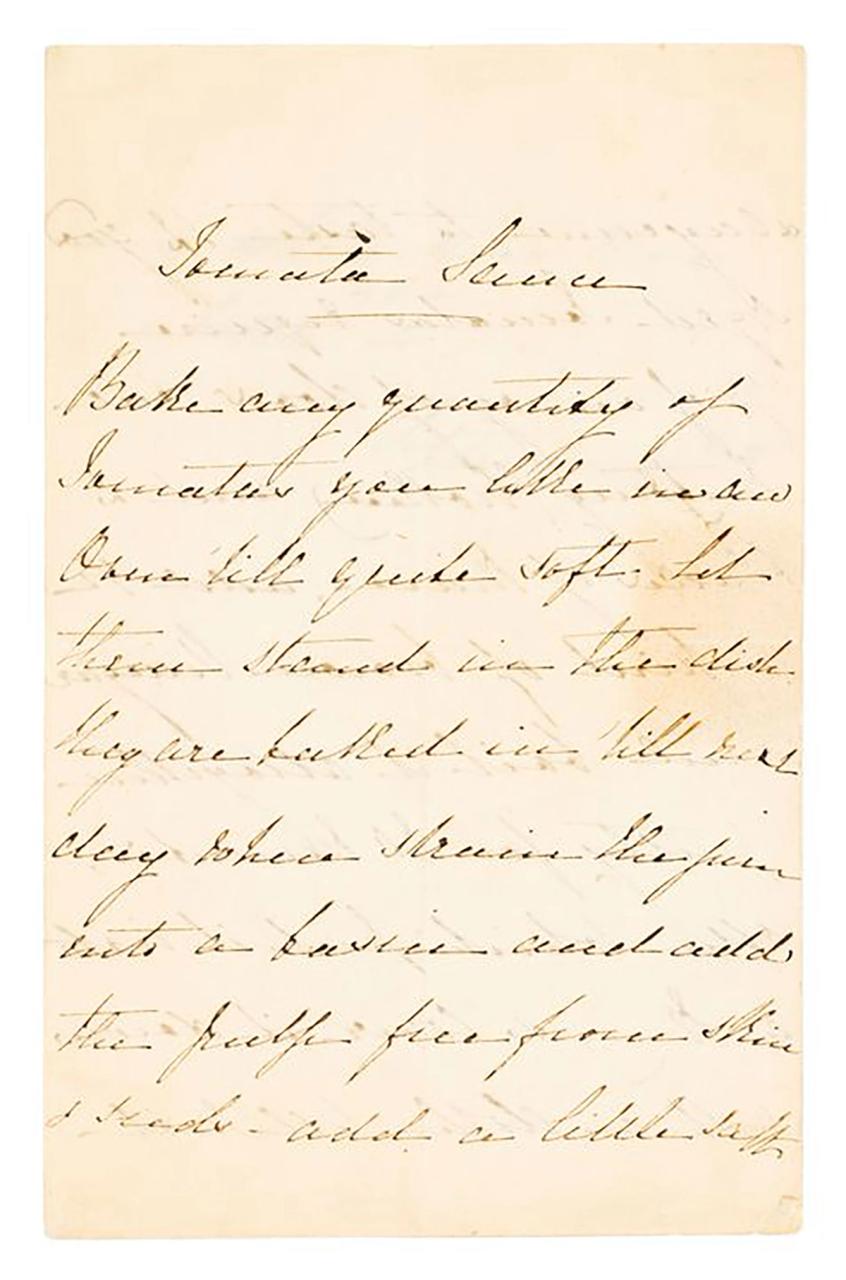 Tomato sauce recipe, handwritten on paper in cursive writing.