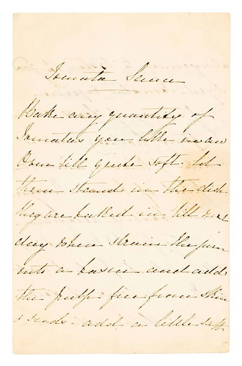 Tomato sauce recipe, handwritten on paper in cursive writing.