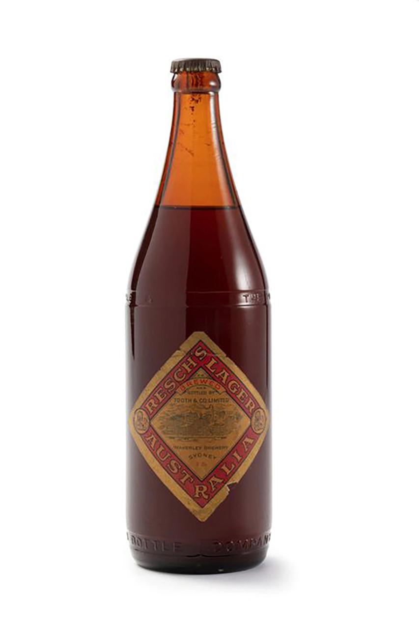Beer bottle and contents, unopened, with a label reading ‘Resch's Lager.’