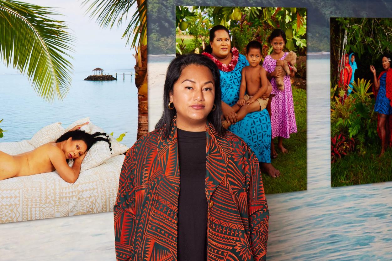 A woman stands in front of a series of three photographs depicting Sāmoan fa'afafine and fa'atama.