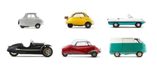 six small vehicles on a white background