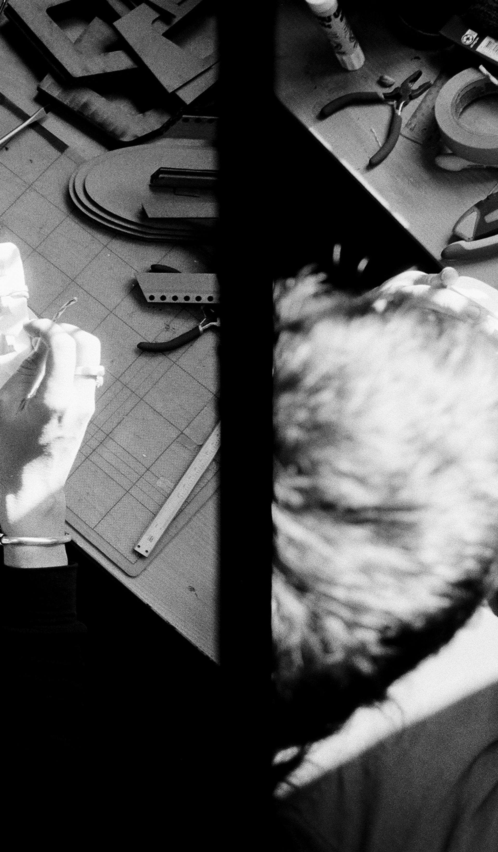 Two film images side by side – an overhead view of Ben Styles working on a product at a desk.