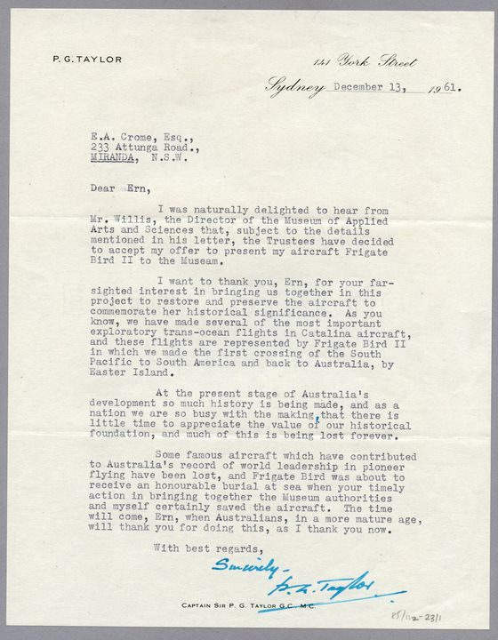 Typewritten letter from Captain Sir P G Taylor to E Crome.