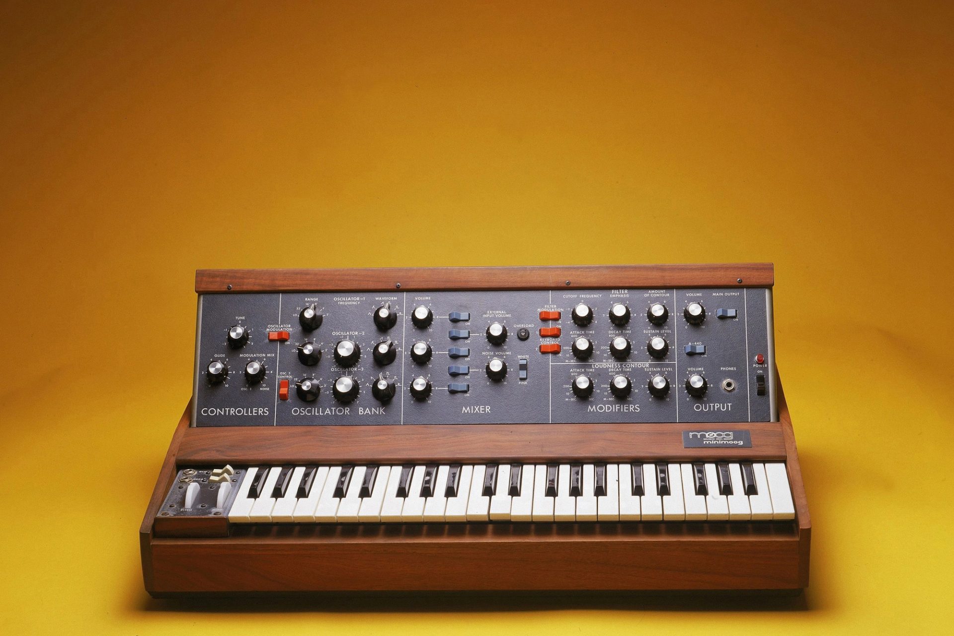 Minimog synthesizer on a yellow background in a photobooth