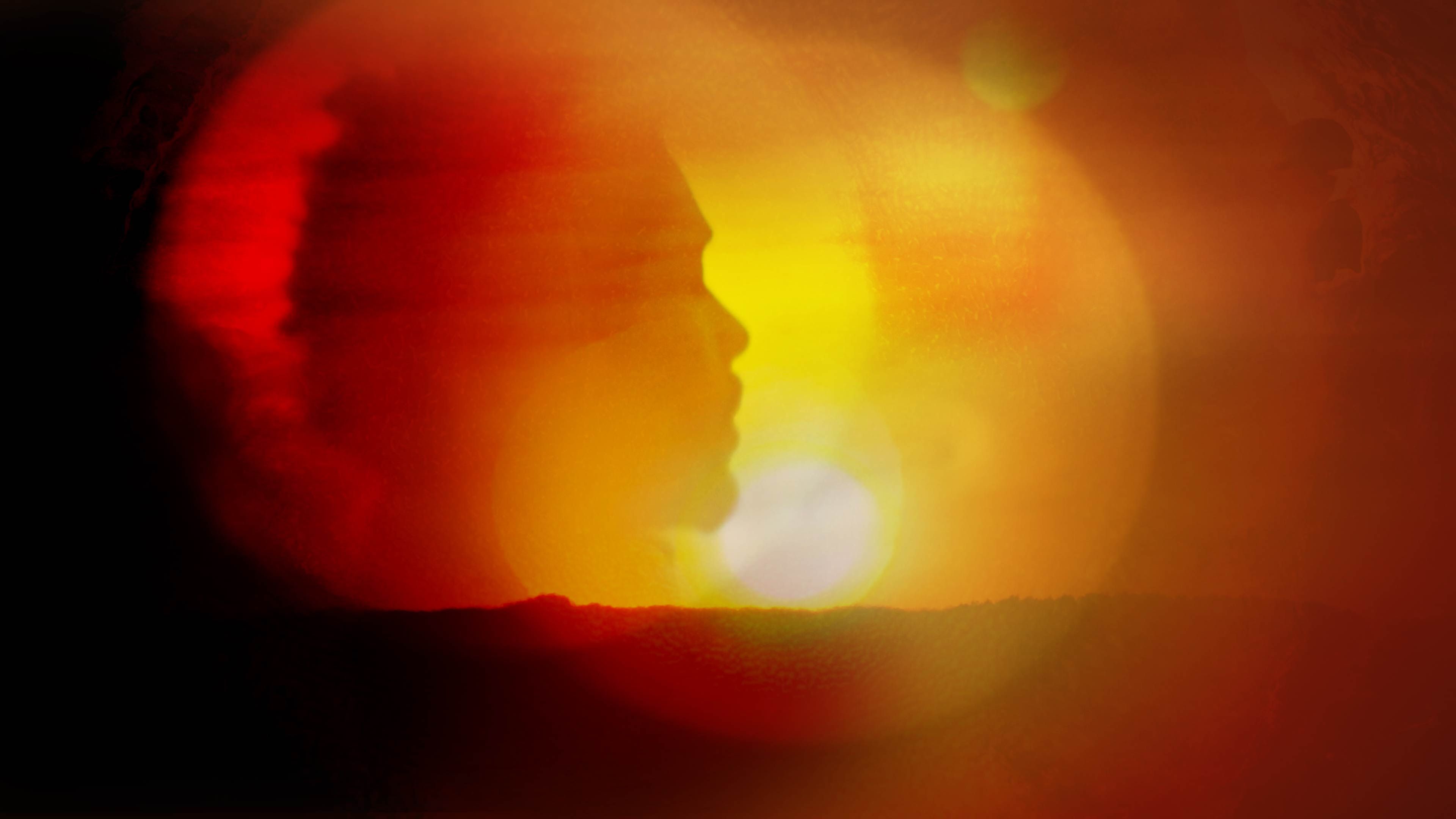 Photo bashed motion image with bright orange sunsets and natural textures over multiple silhouettes and portraits.