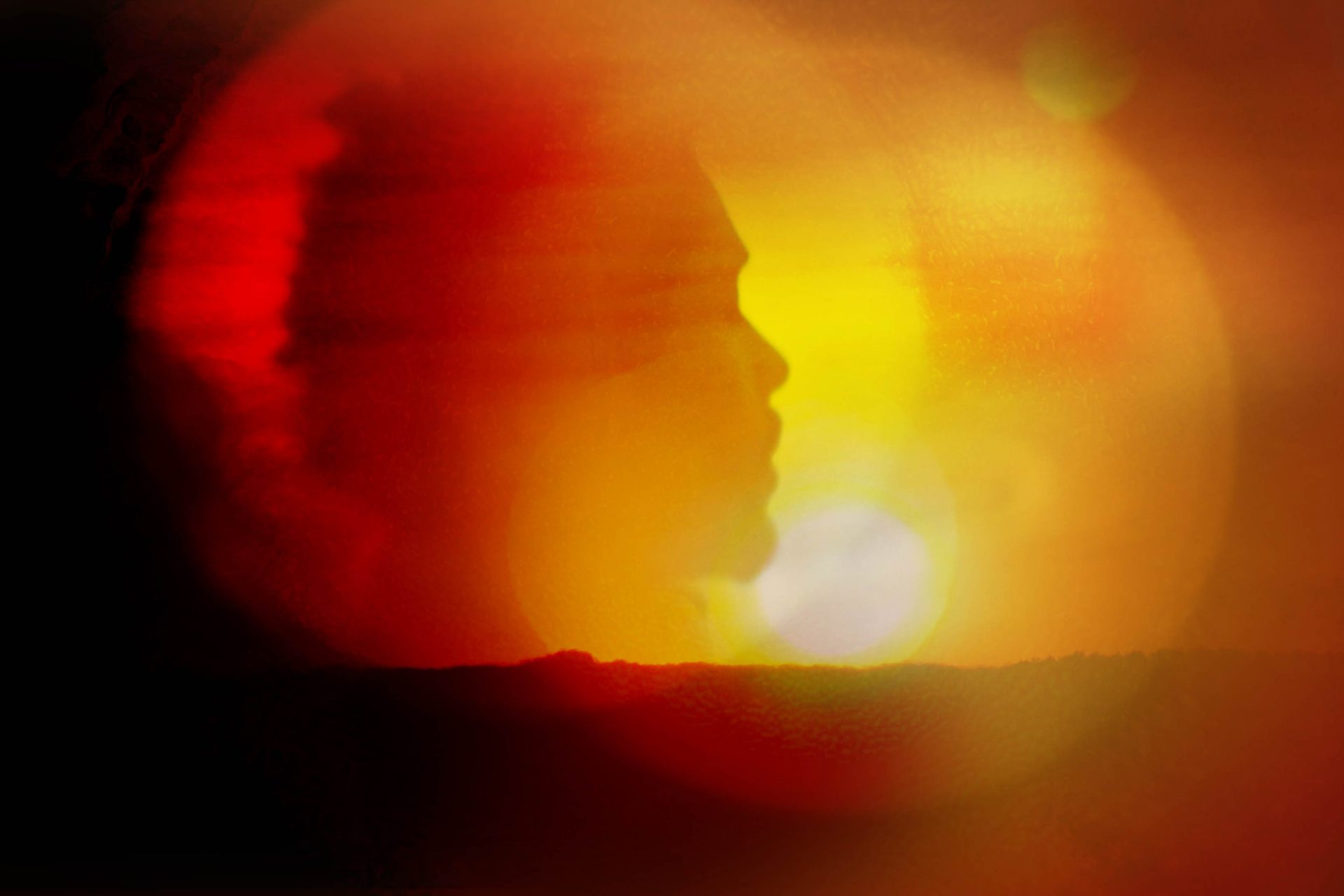 Photo bashed motion image with bright orange sunsets and natural textures over multiple silhouettes and portraits.