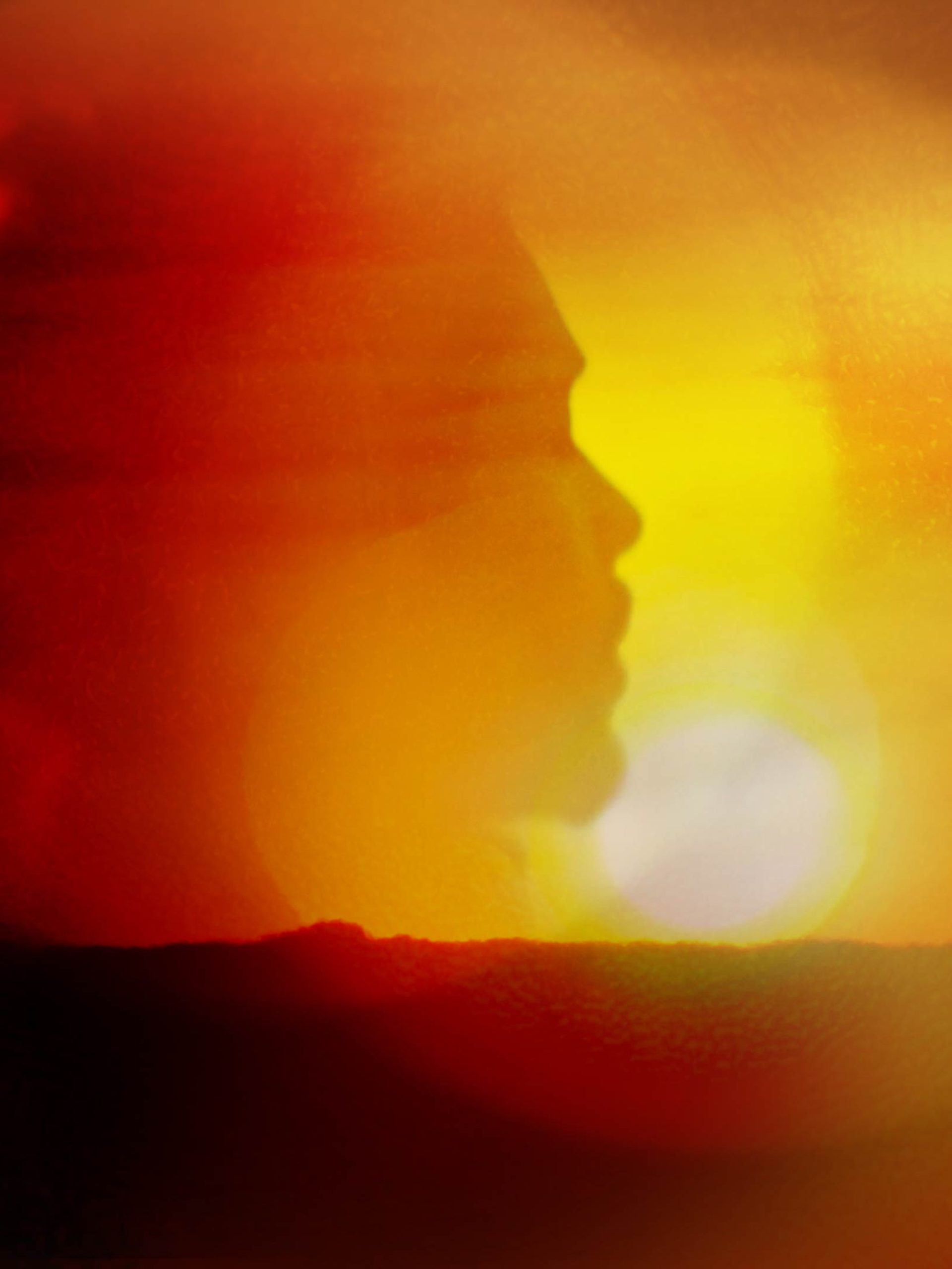 Photo bashed motion image with bright orange sunsets and natural textures over multiple silhouettes and portraits.