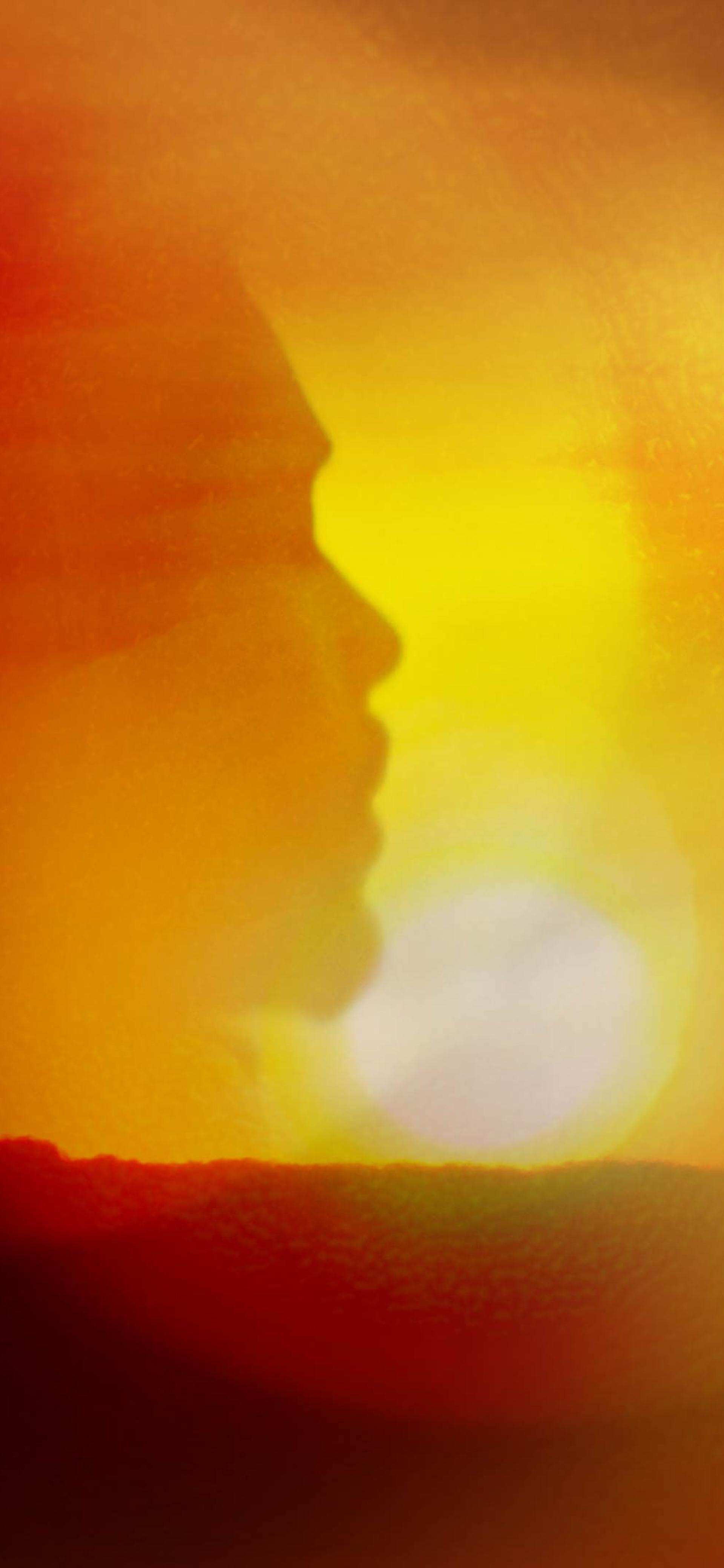 Photo bashed motion image with bright orange sunsets and natural textures over multiple silhouettes and portraits.