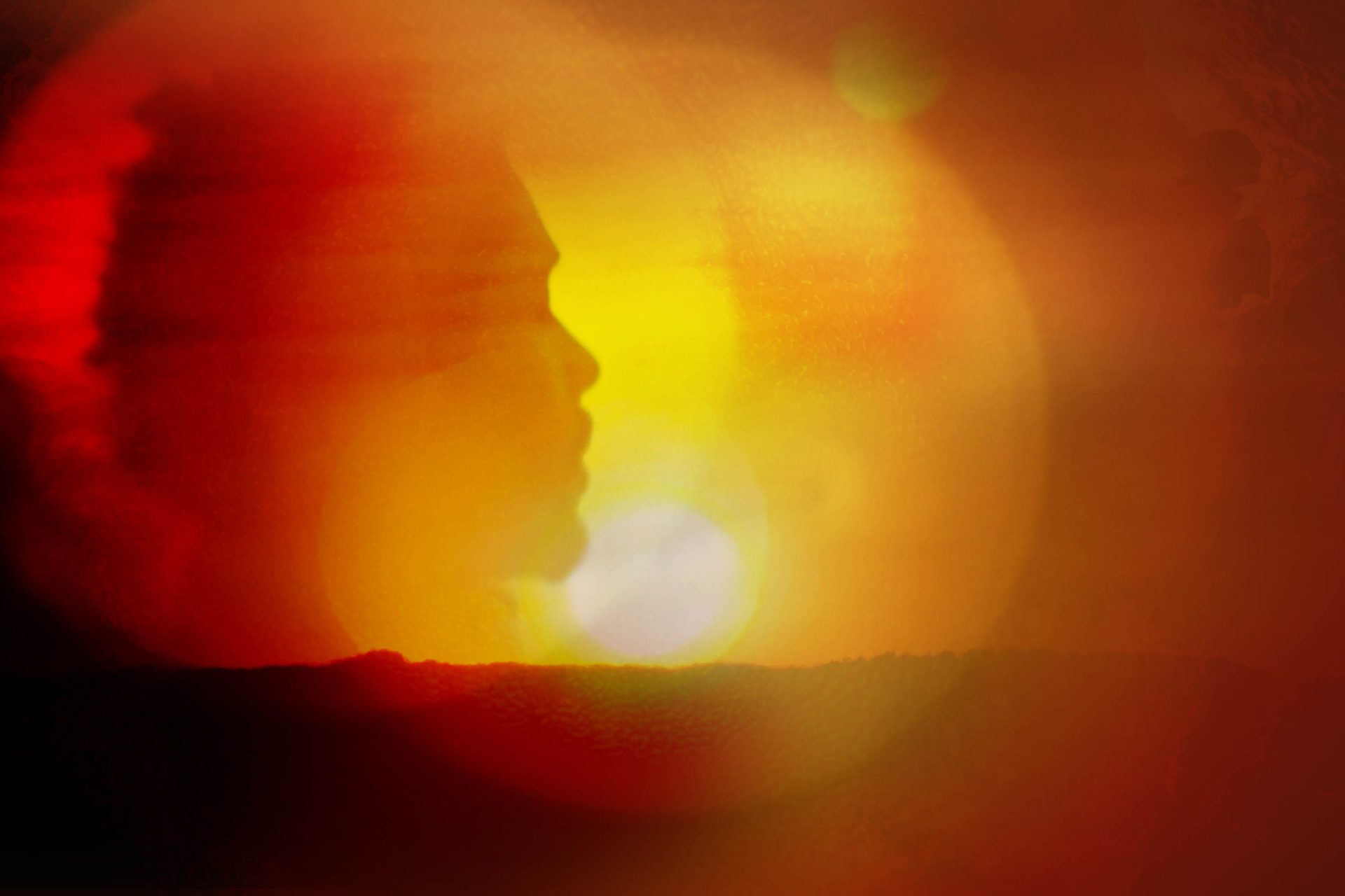 Photo bashed motion image with bright orange sunsets and natural textures over multiple silhouettes and portraits.