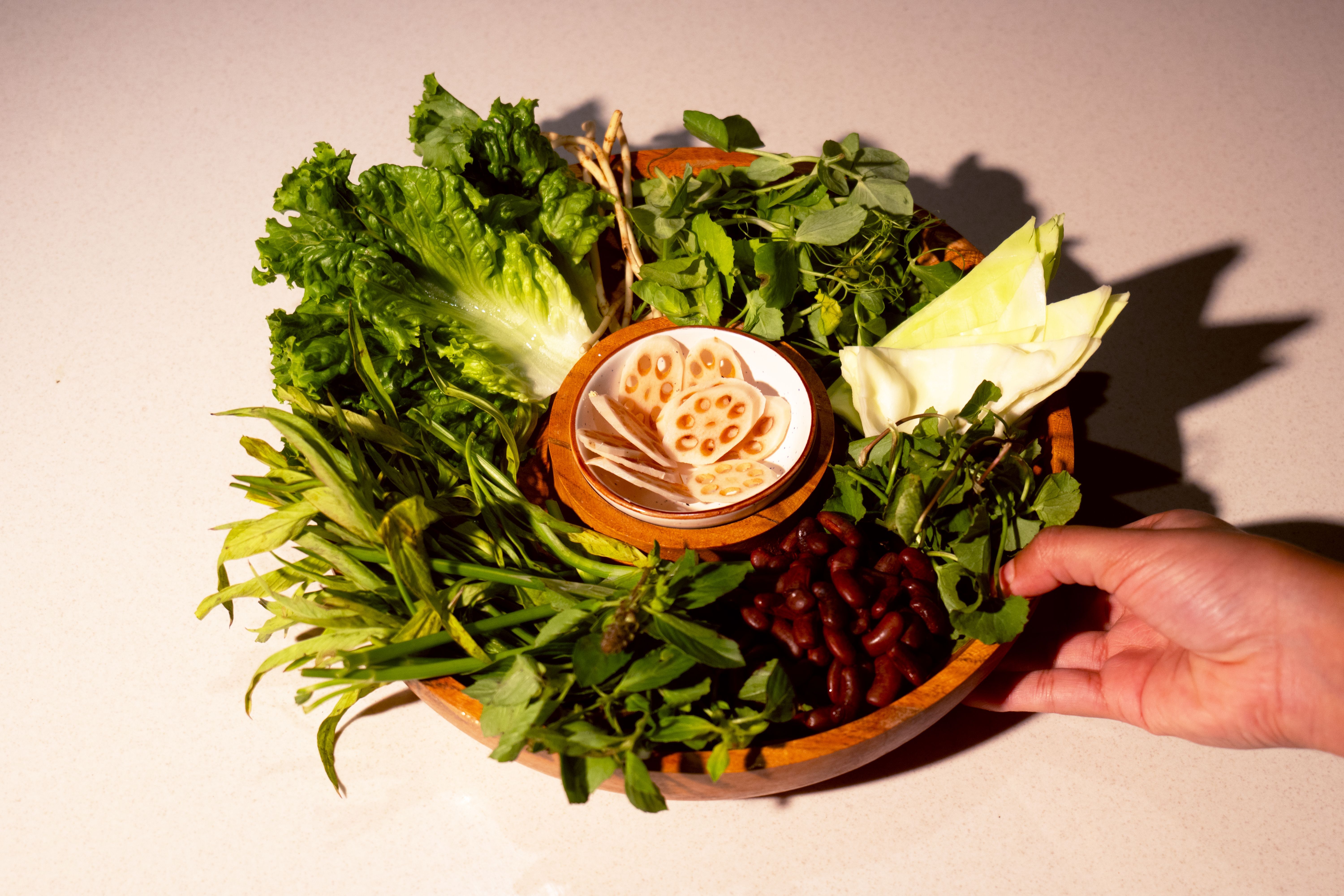 A brown hand holds a circular wooden serving bowl. In it, a variety of green vegetables and a portion of kidney beans are arranged around a small handful of lotus root chips.